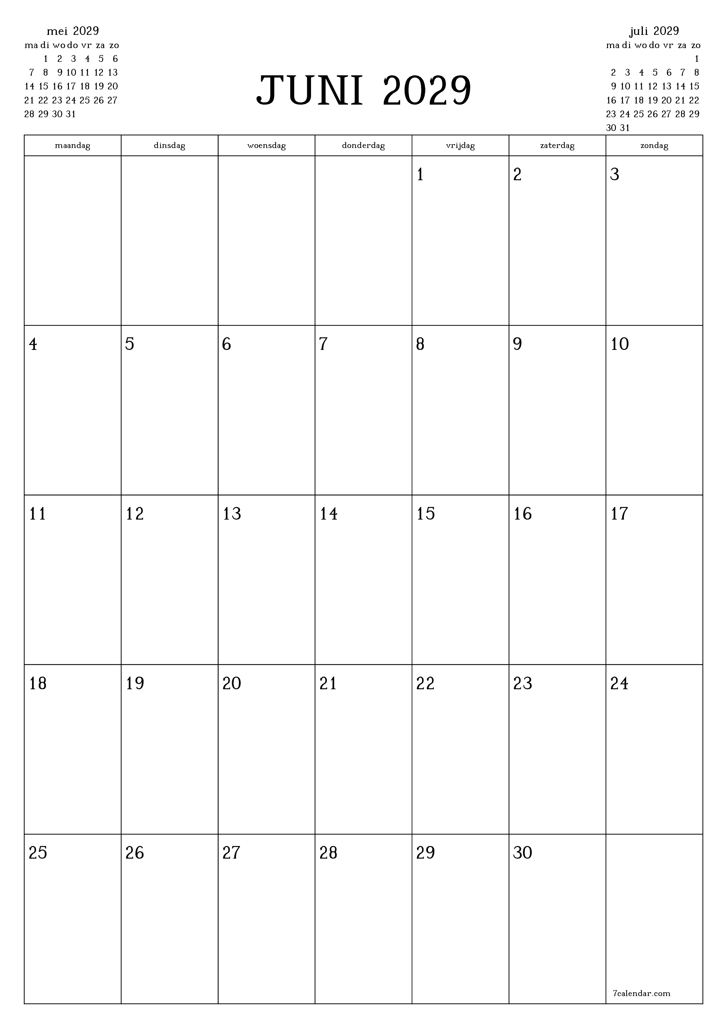 afdrukbare muur sjabloon gratis verticaal Maandelijks planner kalender juni (jun) 2029