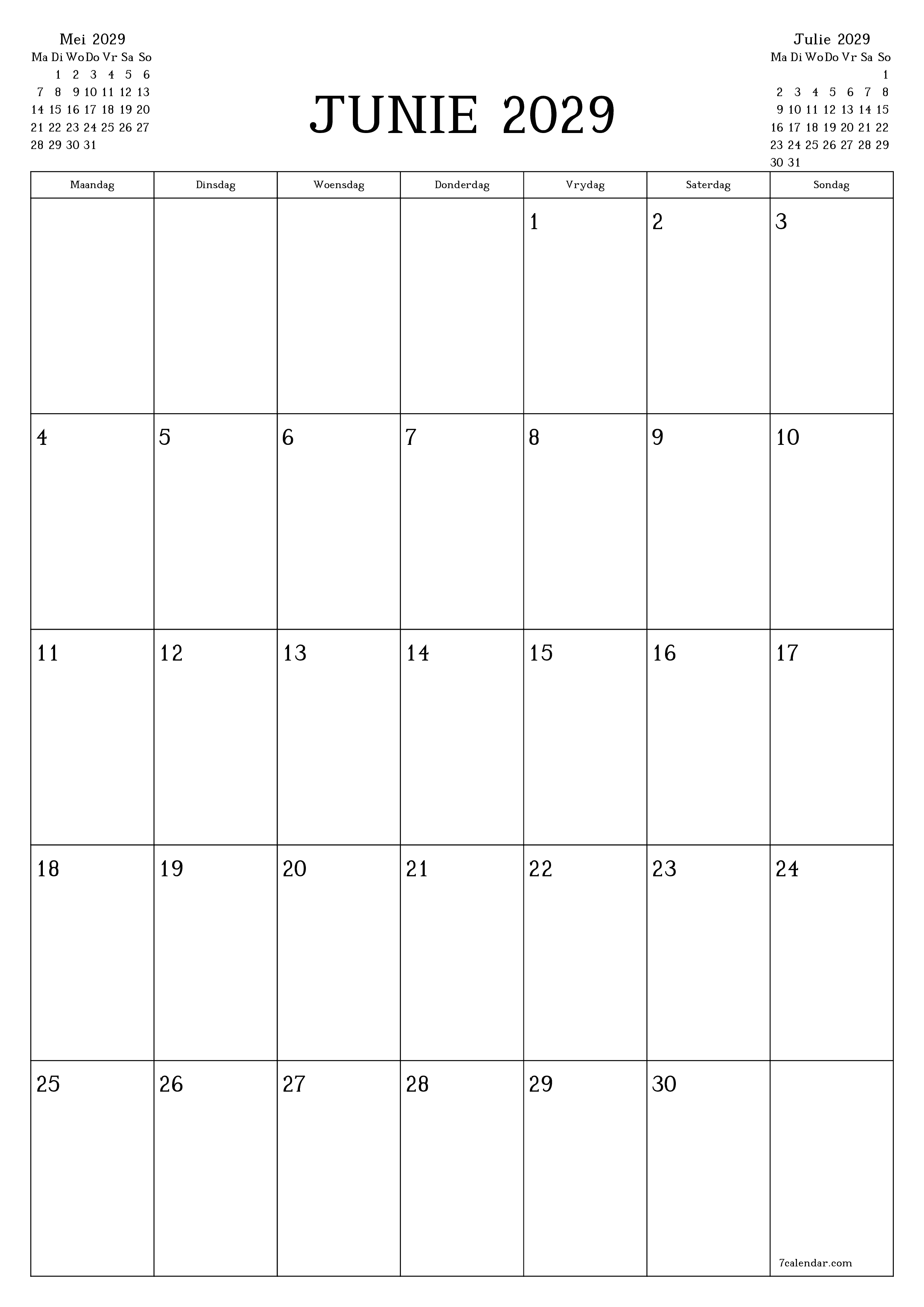 drukbare muur template gratis vertikaal Maandeliks beplanner kalender Junie (Jun) 2029