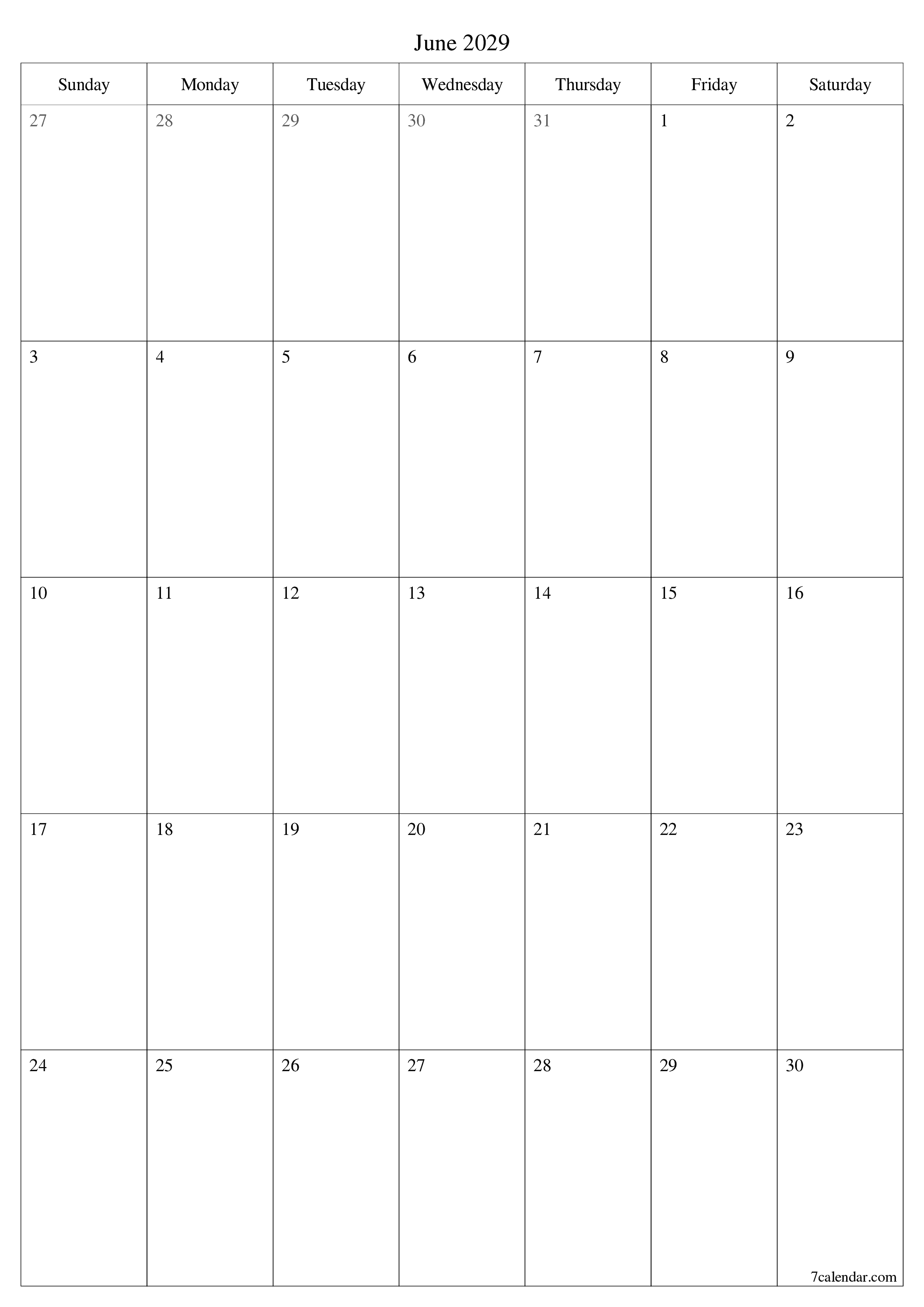 Blank calendar June 2029