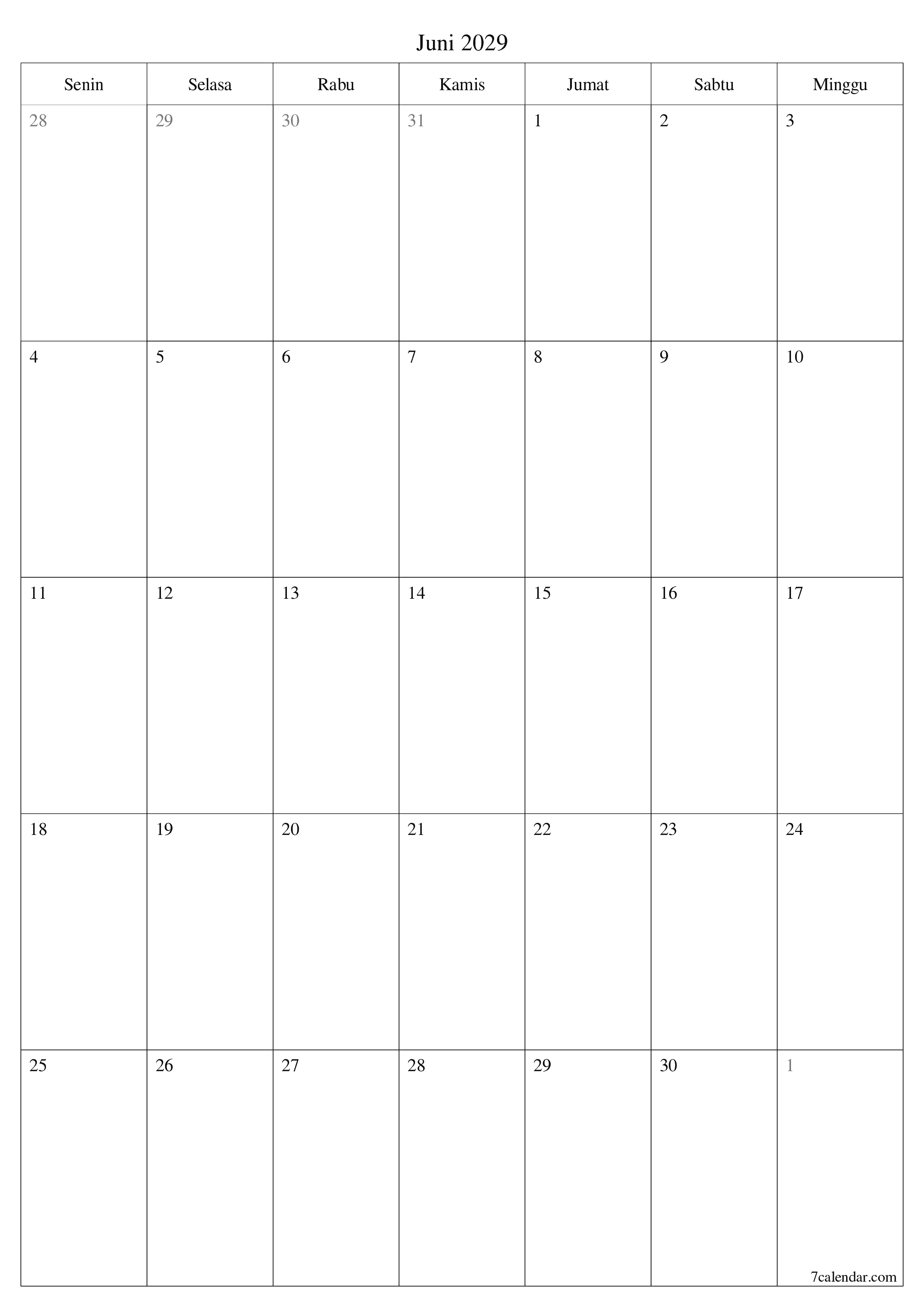  yang dapat dicetak dinding templat gratisvertikal Bulanan perencana kalender Juni (Jun) 2029