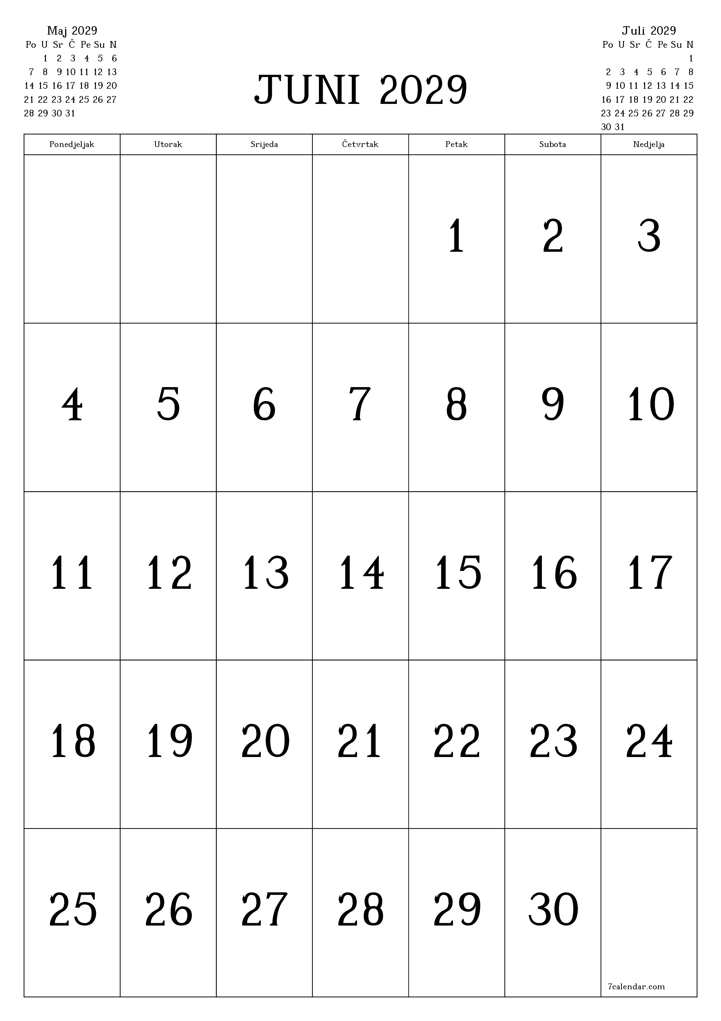  za štampanje zidni šablon a besplatni vertikalno Mjesečno kalendar Juni (Jun) 2029