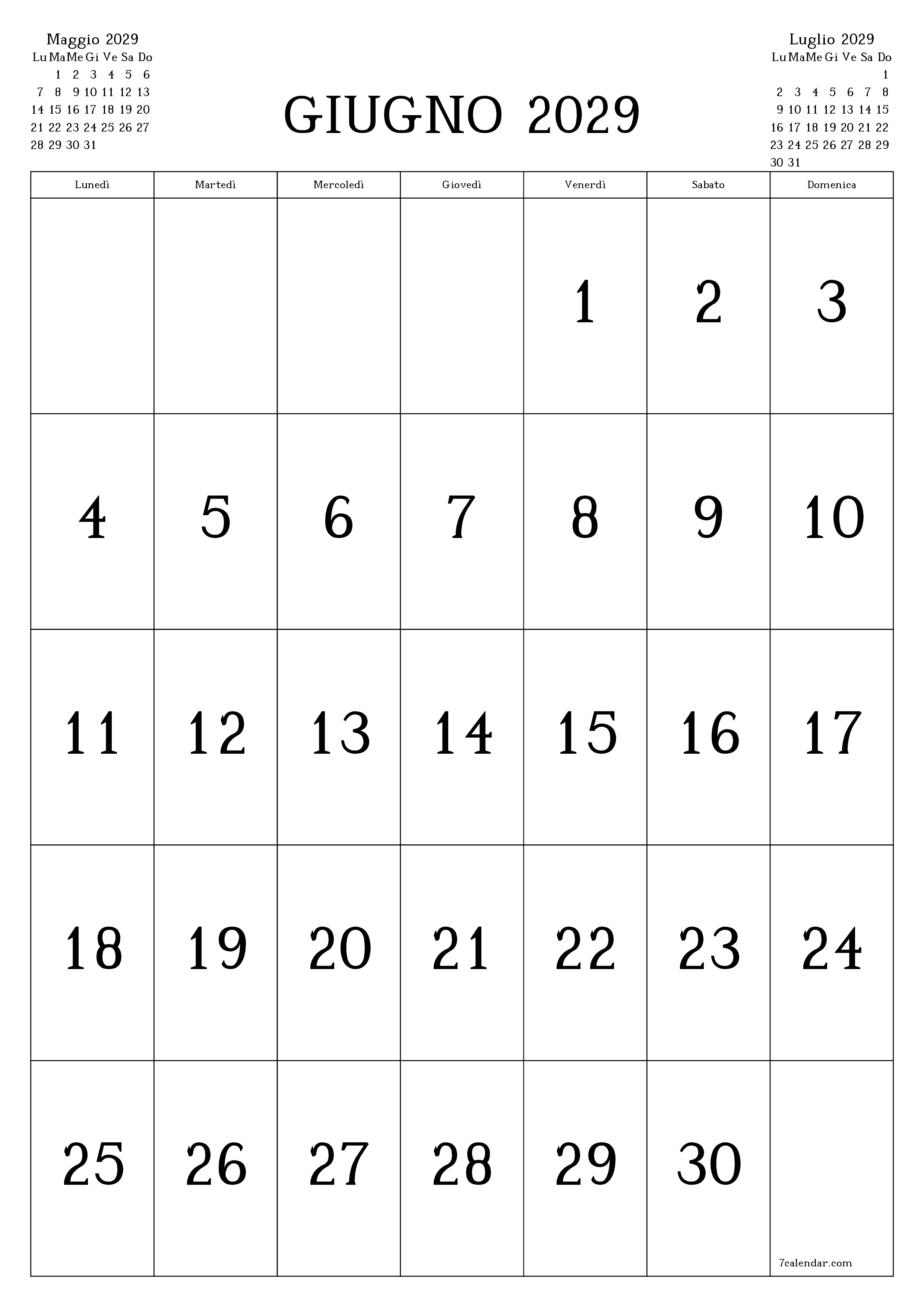  stampabile da parete modello di gratuitoverticale Mensile calendario Giugno (Giu) 2029