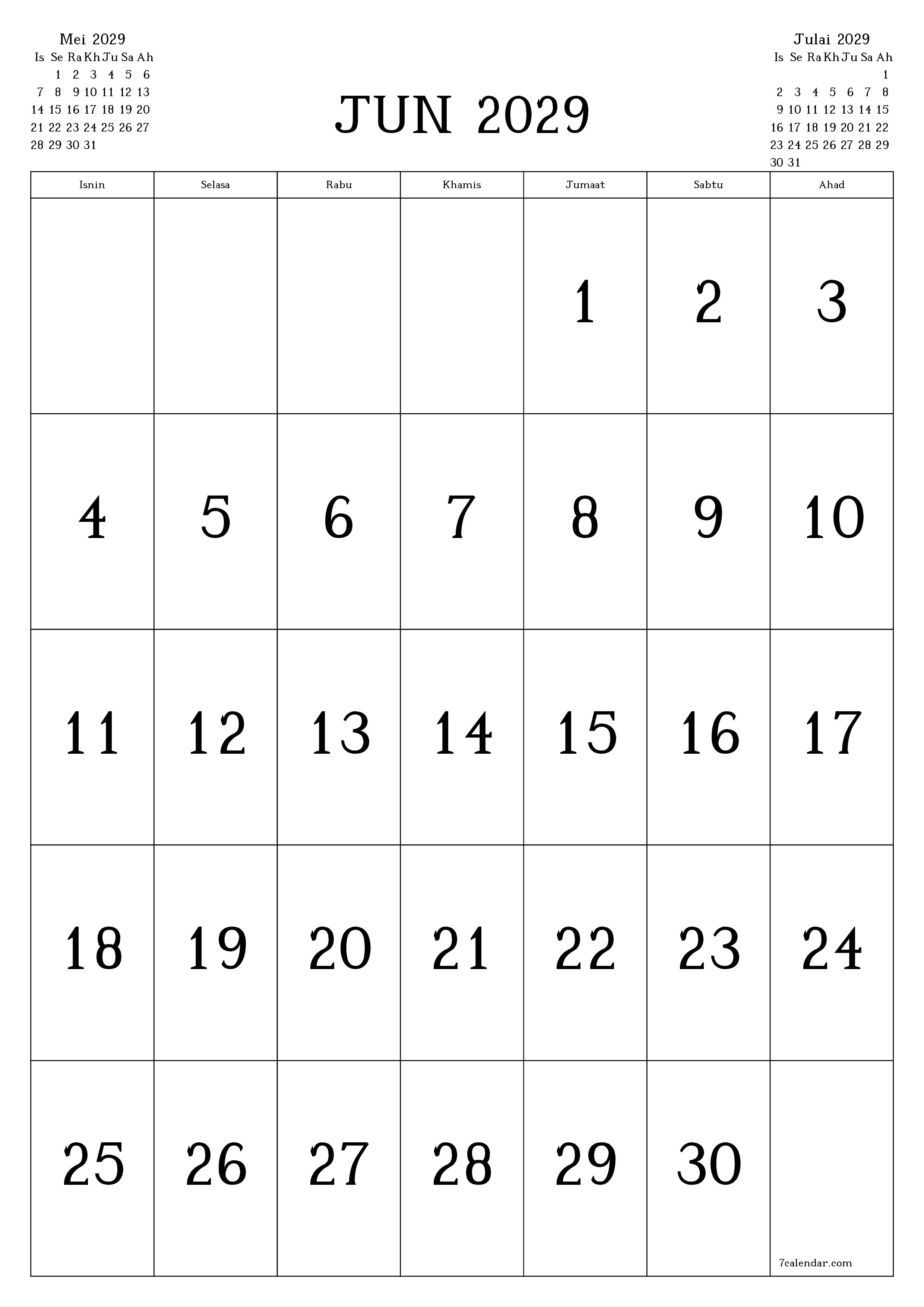  boleh cetak dinding templat percumamenegak Bulanan kalendar Jun (Jun) 2029