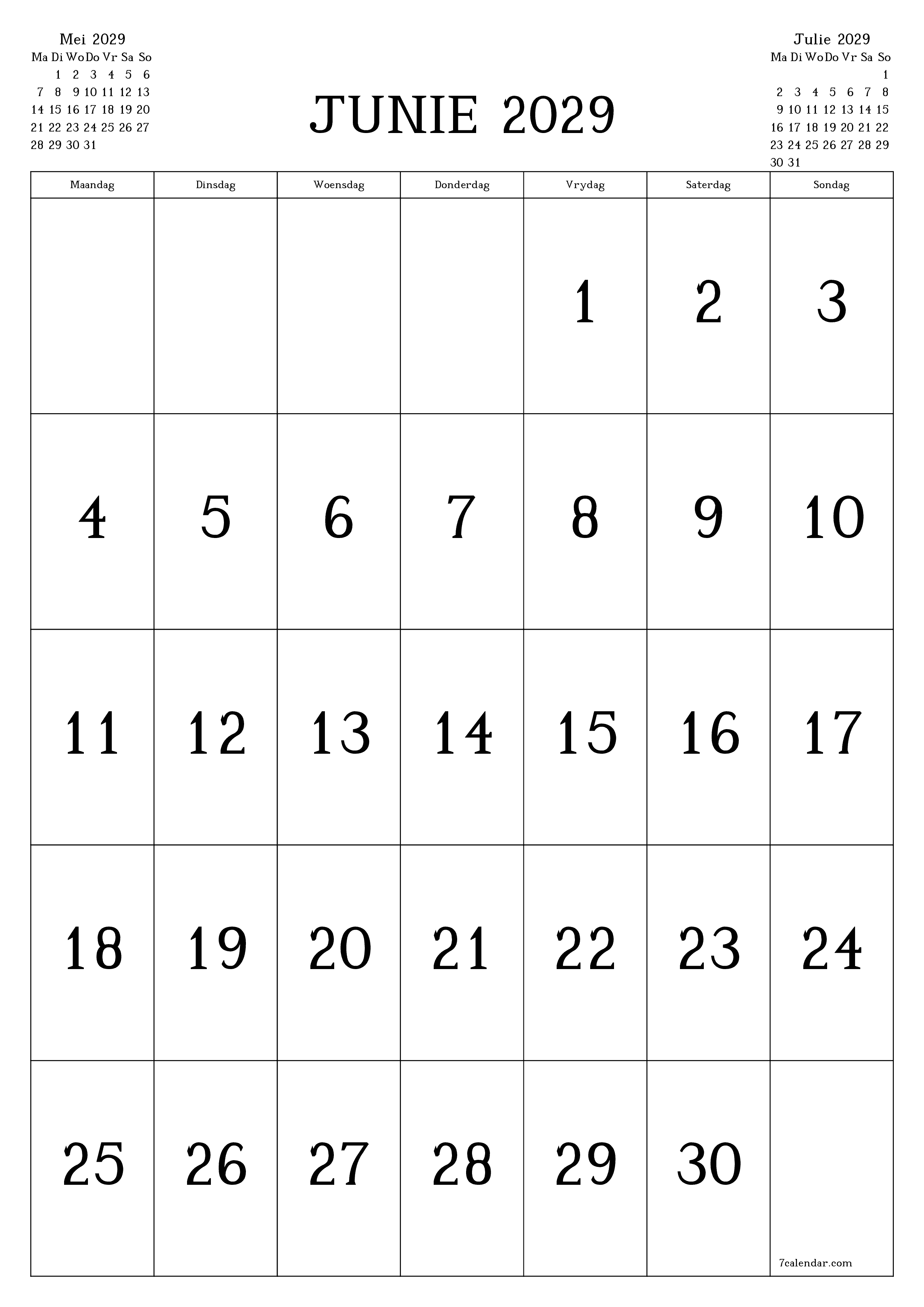 Leë maandelikse drukbare kalender en beplanner vir maand Junie 2029 met notas stoor en druk na PDF PNG Afrikaans