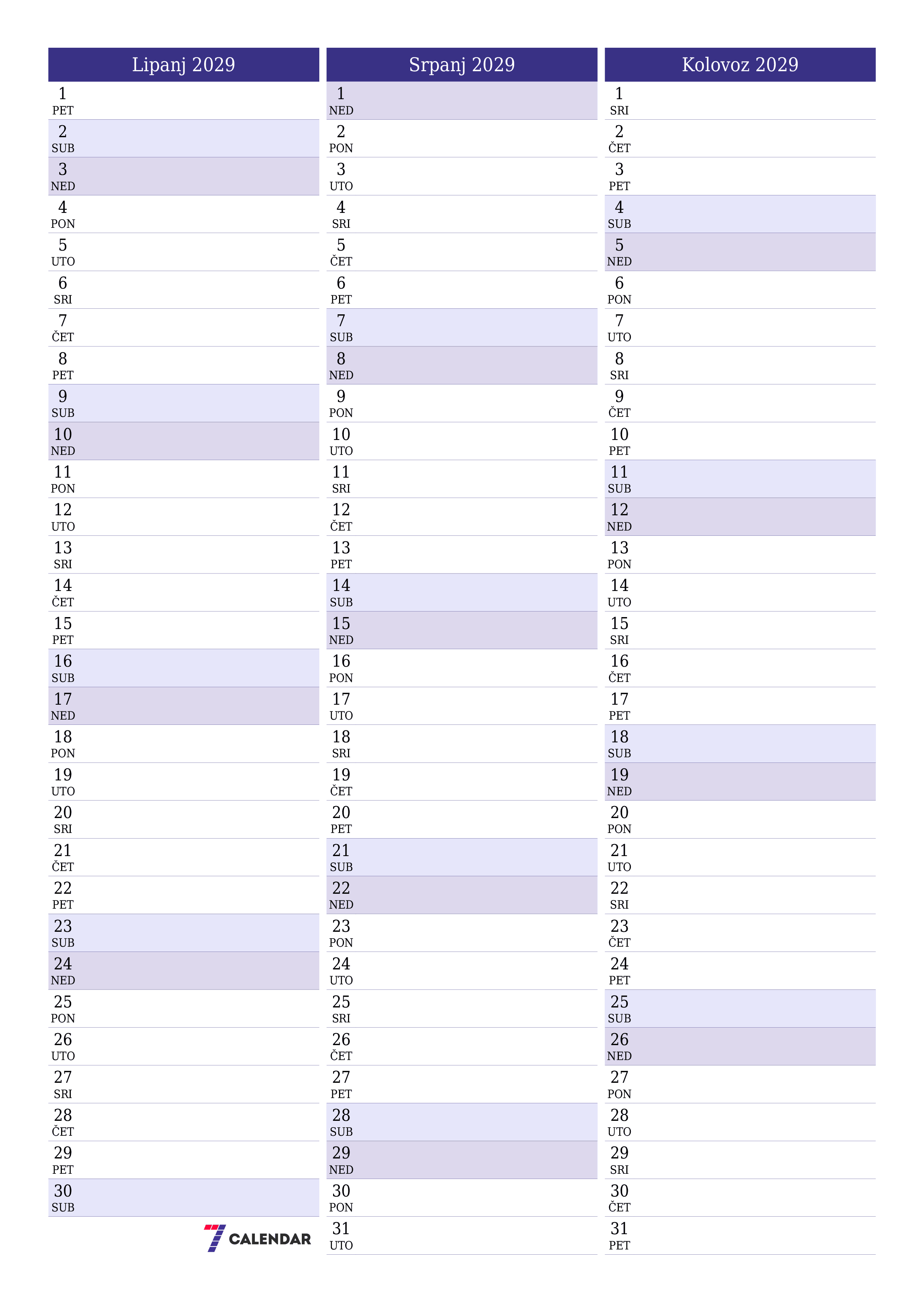  za ispis zidni predložak a besplatni okomito Mjesečni planer kalendar Lipanj (Lip) 2029