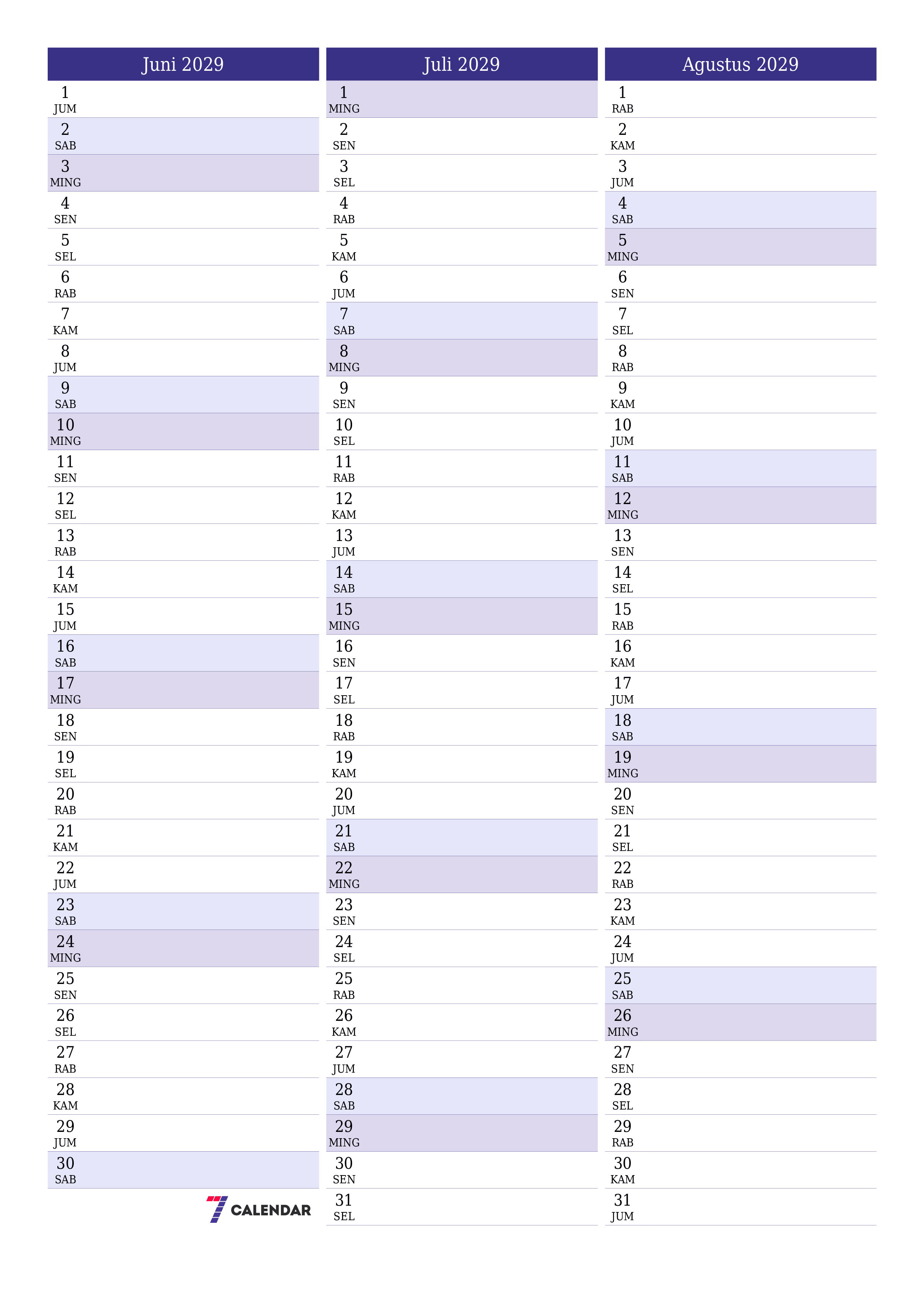  yang dapat dicetak dinding templat gratisvertikal Bulanan perencana kalender Juni (Jun) 2029