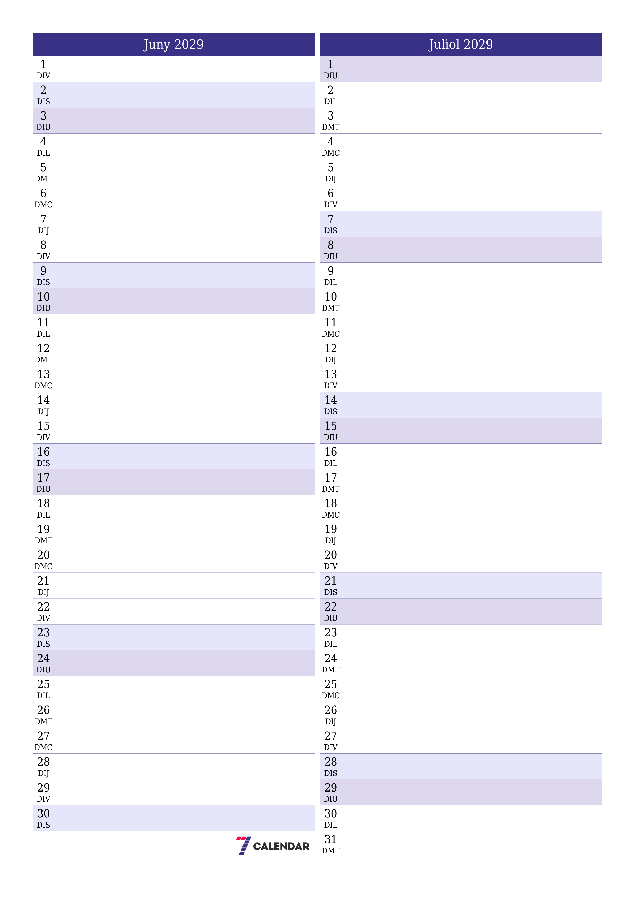 Planificador mensual buit del mes Juny 2029 amb notes, deseu-lo i imprimiu-lo en format PDF PNG Catalan