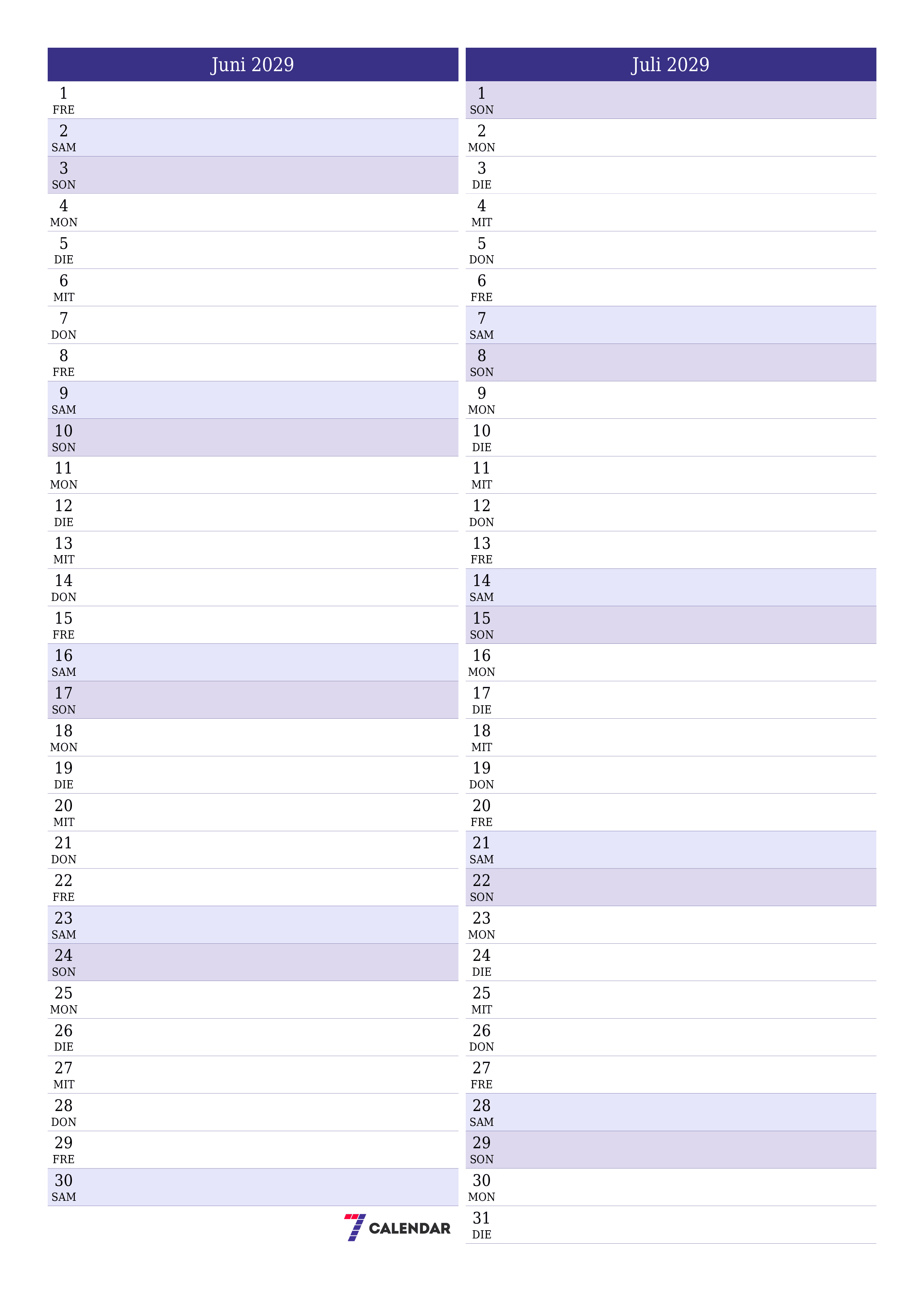  zum Ausdrucken Wandkalender vorlage kostenloser vertikal Monatlich Planer Kalender Juni (Jun) 2029