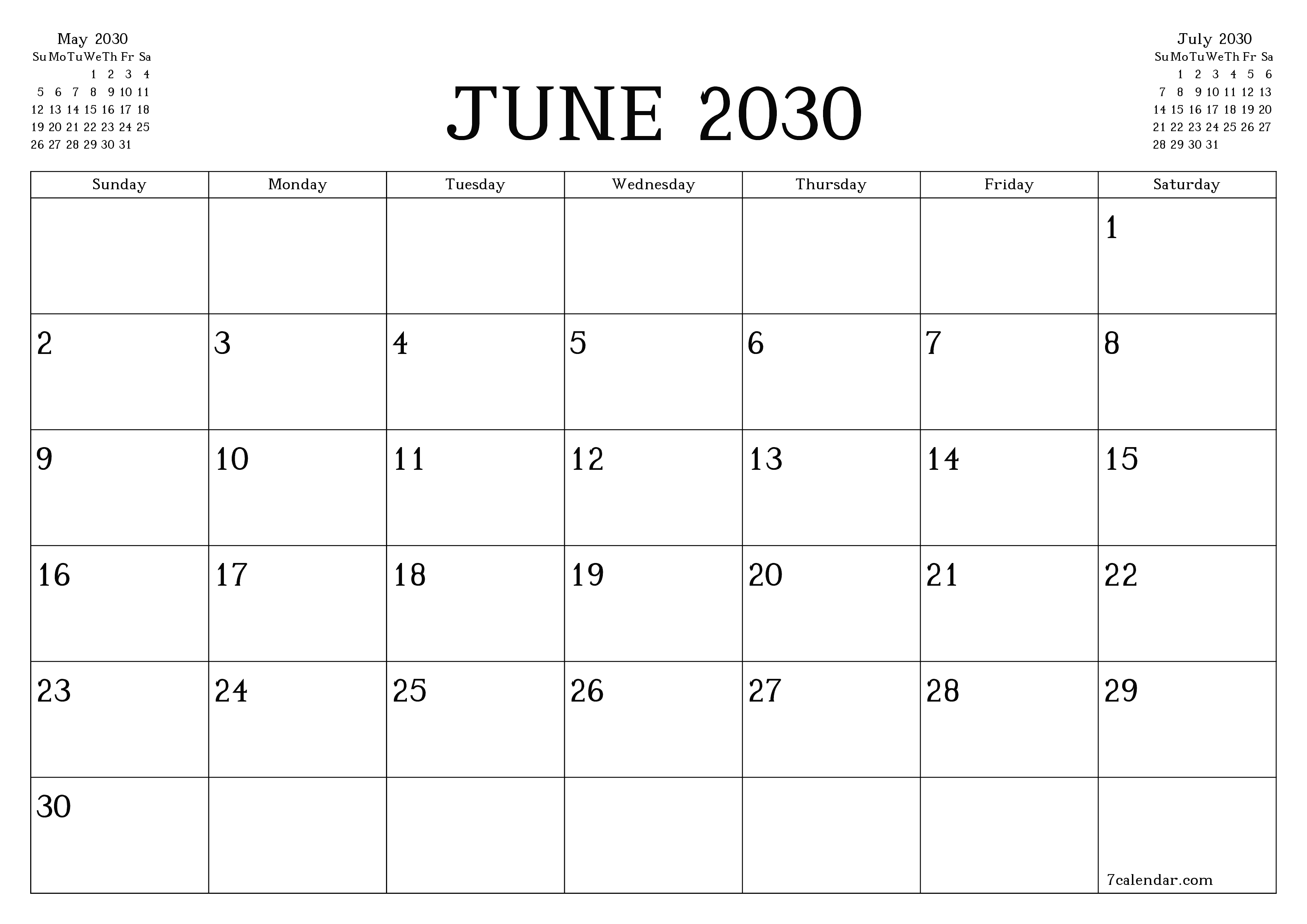 Blank calendar June 2030