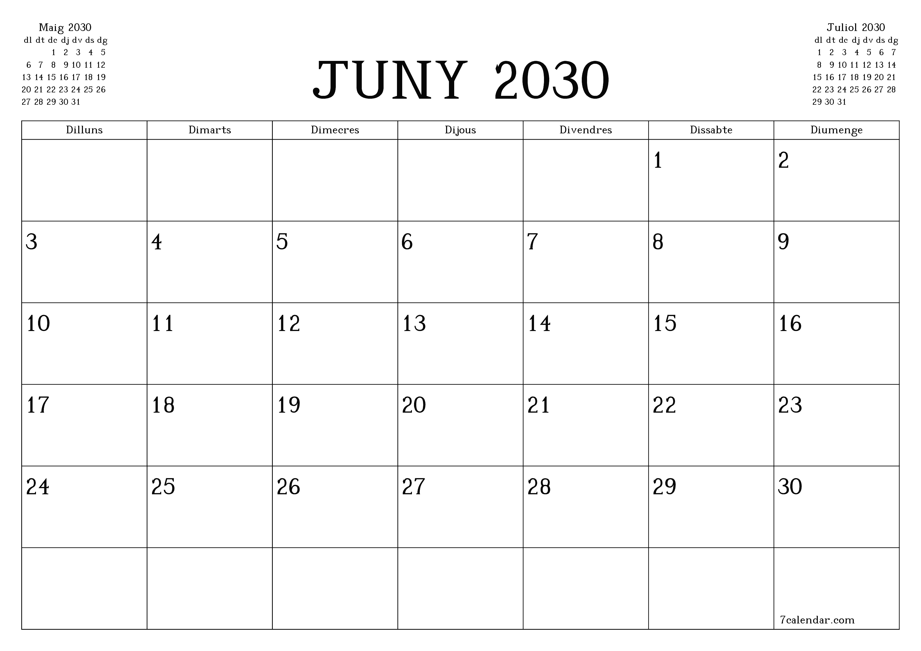 Planificador mensual buit del mes Juny 2030 amb notes, deseu-lo i imprimiu-lo en format PDF PNG Catalan