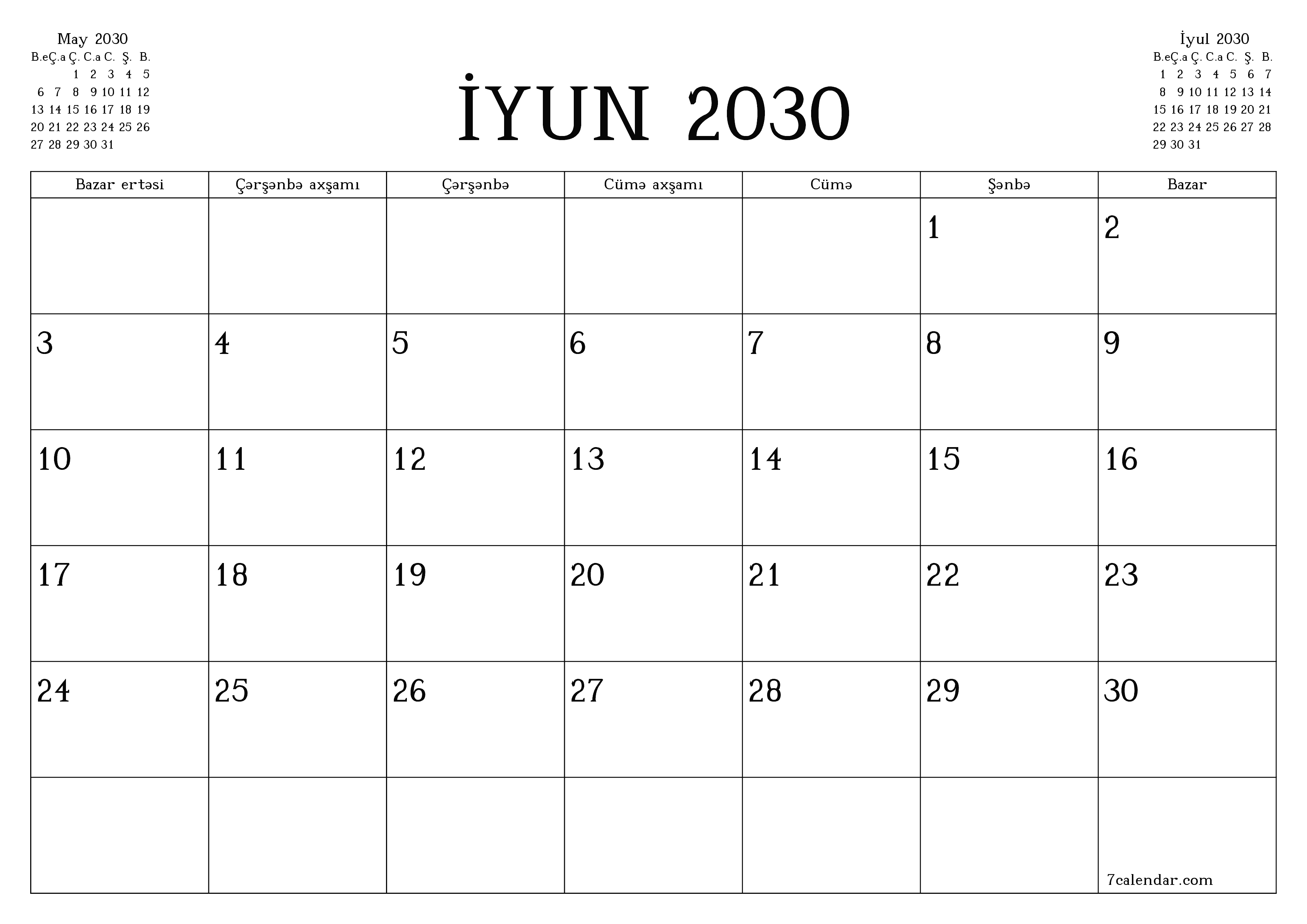 İyun 2030 ayı üçün qeydlər ilə boş aylıq planlayıcı, qeyd edin və PDF-ə yazdırın PNG Azerbaijani