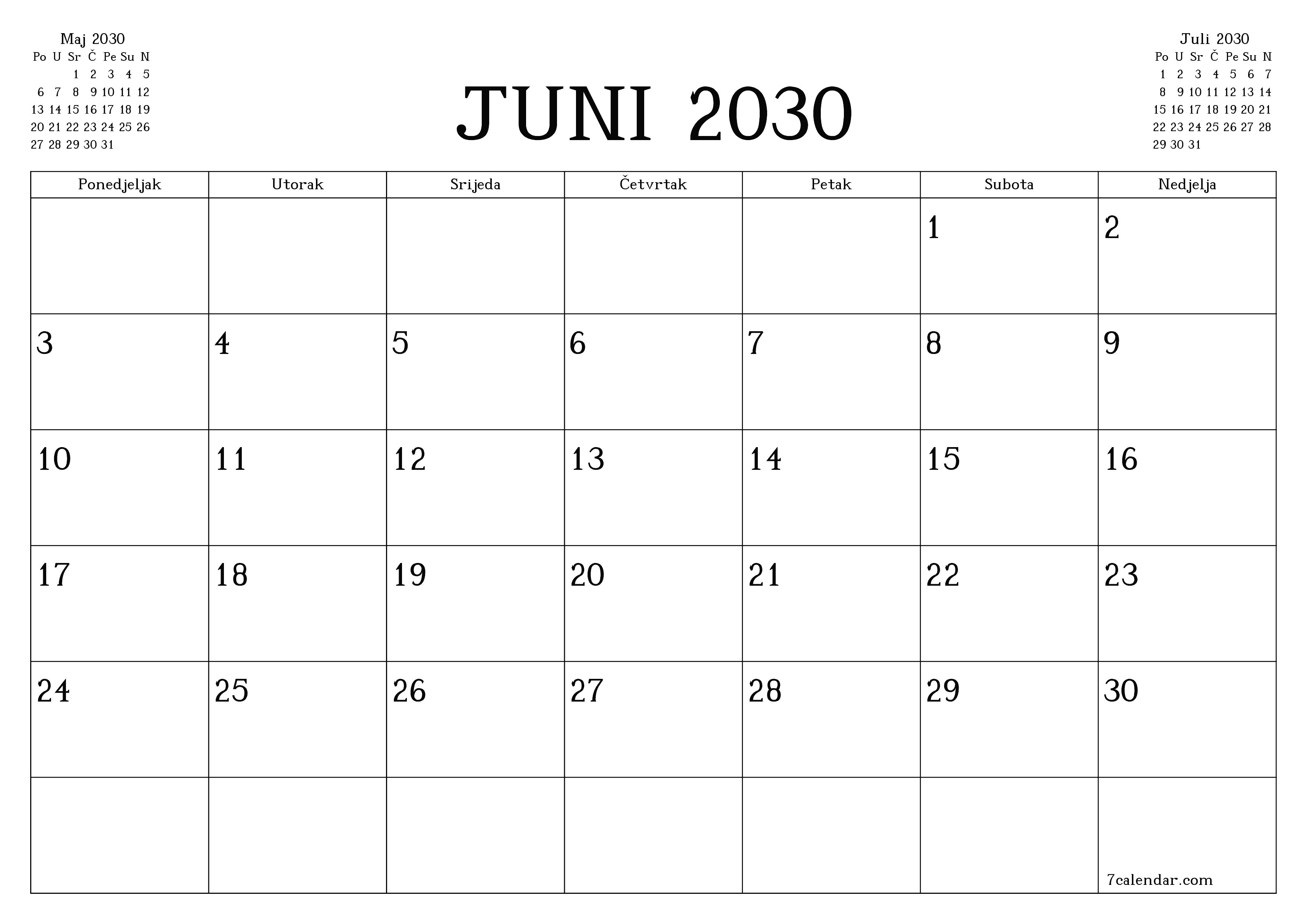 Ispraznite mjesečni planer za mjesec Juni 2030 s bilješkama, spremite i ispišite u PDF PNG Bosnian