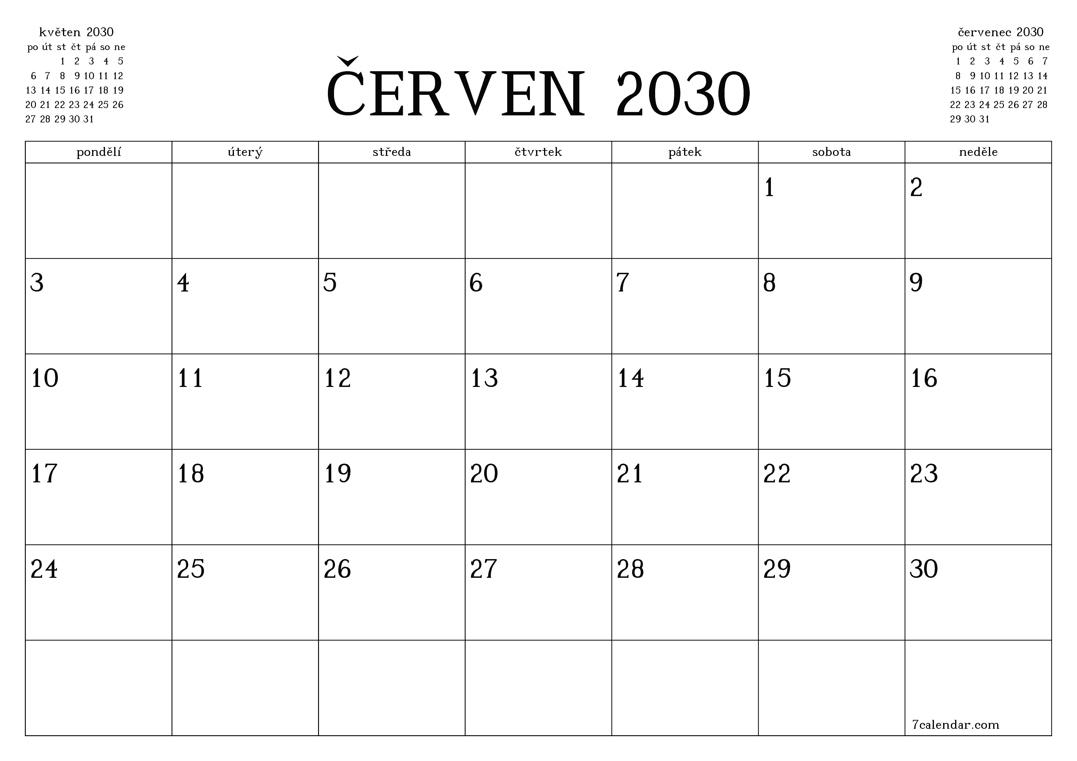 Vyprázdnit měsíční plánovač na měsíc červen 2030 s poznámkami, uložit a vytisknout do PDF PNG Czech