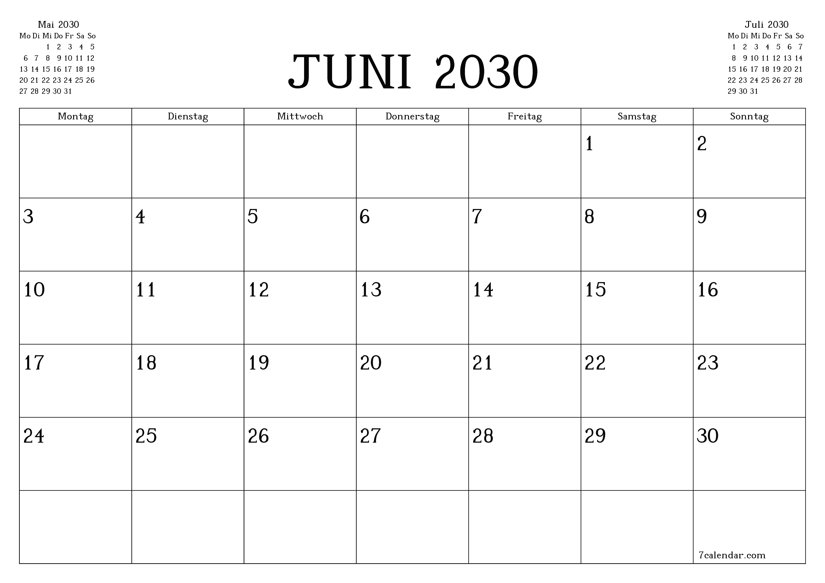Monatsplaner für Monat Juni 2030 mit Notizen leeren, speichern und als PDF PNG German - 7calendar.com drucken