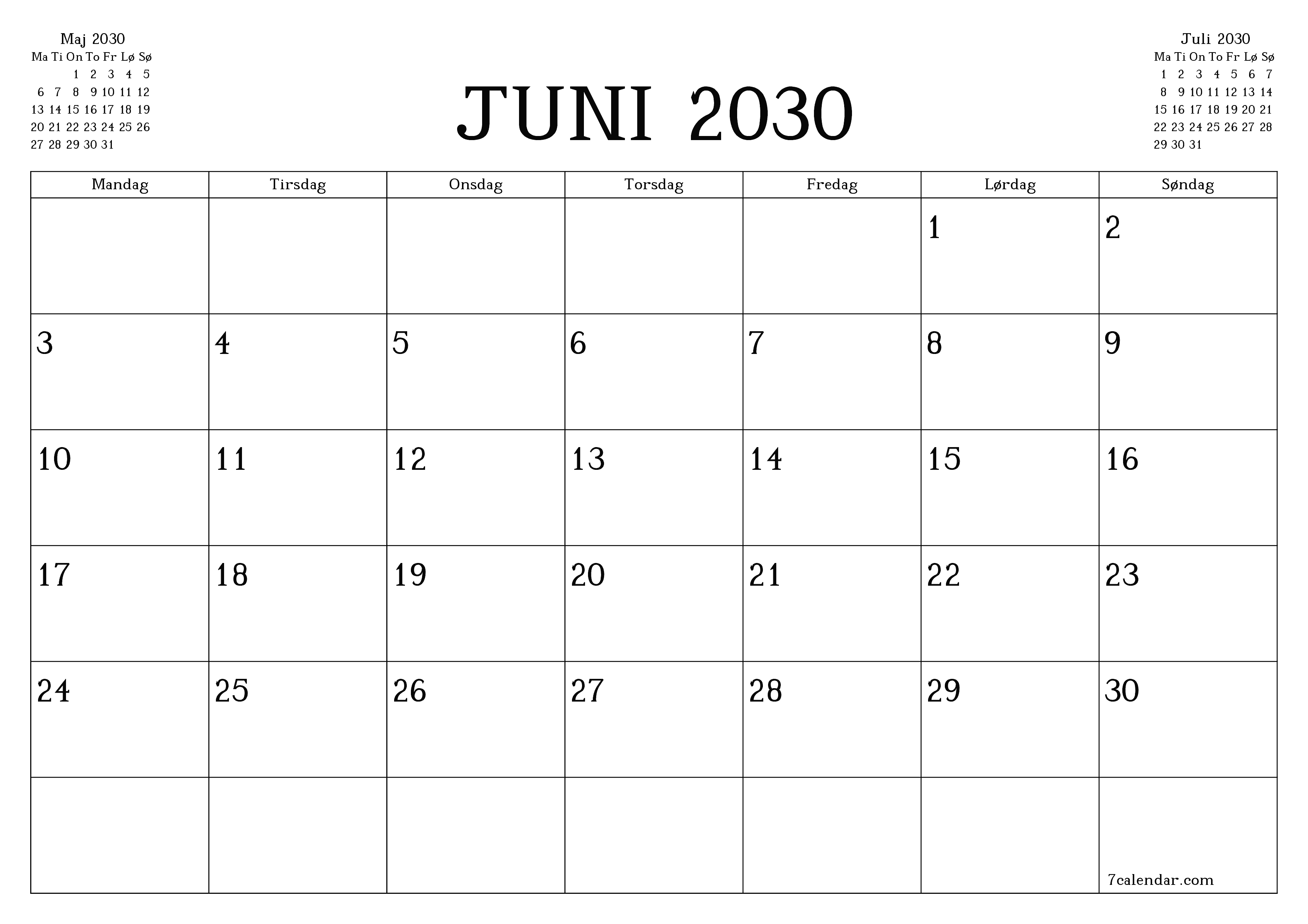 Tom månedlig planlægning for måned Juni 2030 med noter, gem og udskriv til PDF PNG Danish