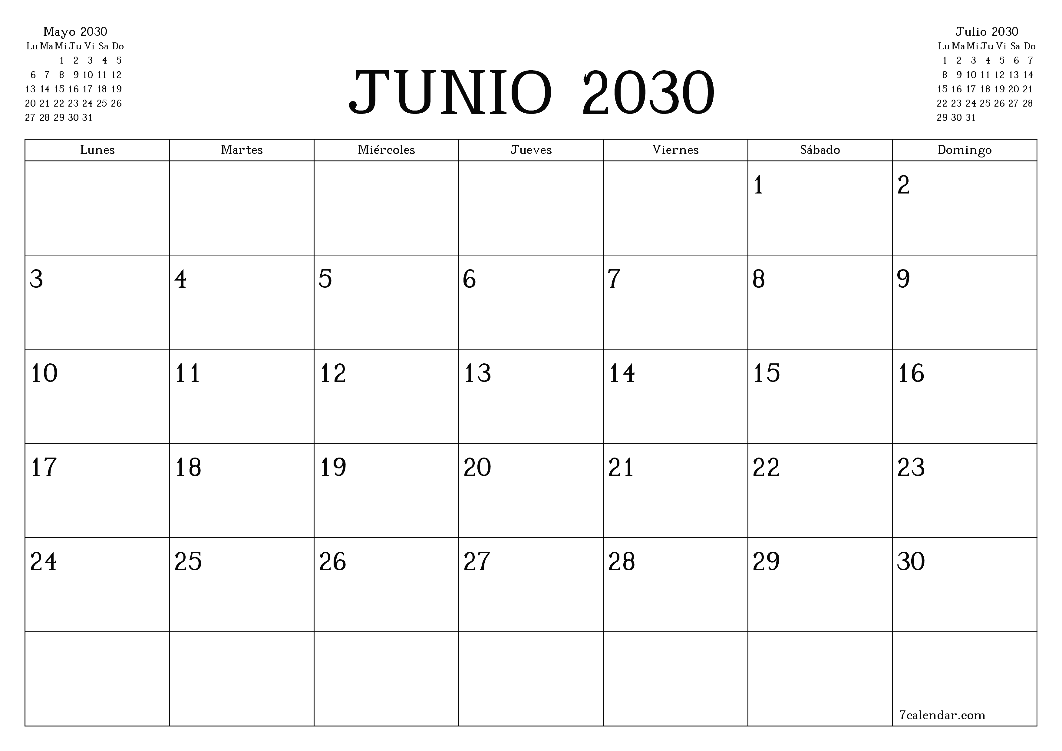 Planificador mensual vacío para el mes Junio 2030 con notas, guardar e imprimir en PDF PNG Spanish