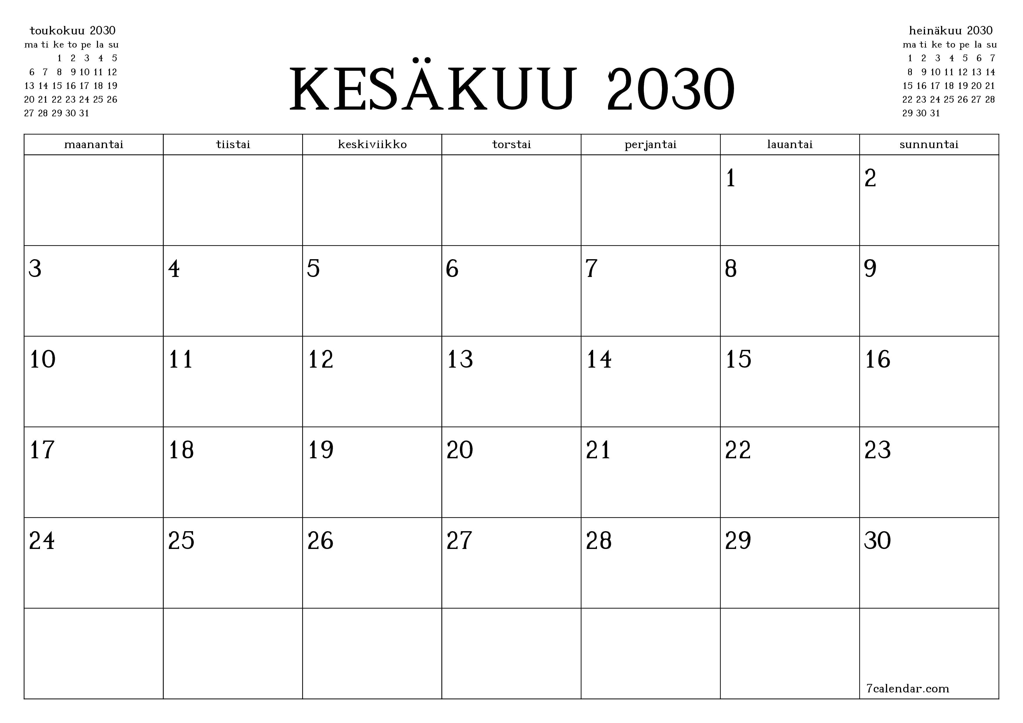 Tyhjennä kuukausittainen suunnittelija kuukaudelle Kesäkuu 2030 muistiinpanoilla, tallenna ja tulosta PDF-muotoon PNG Finnish