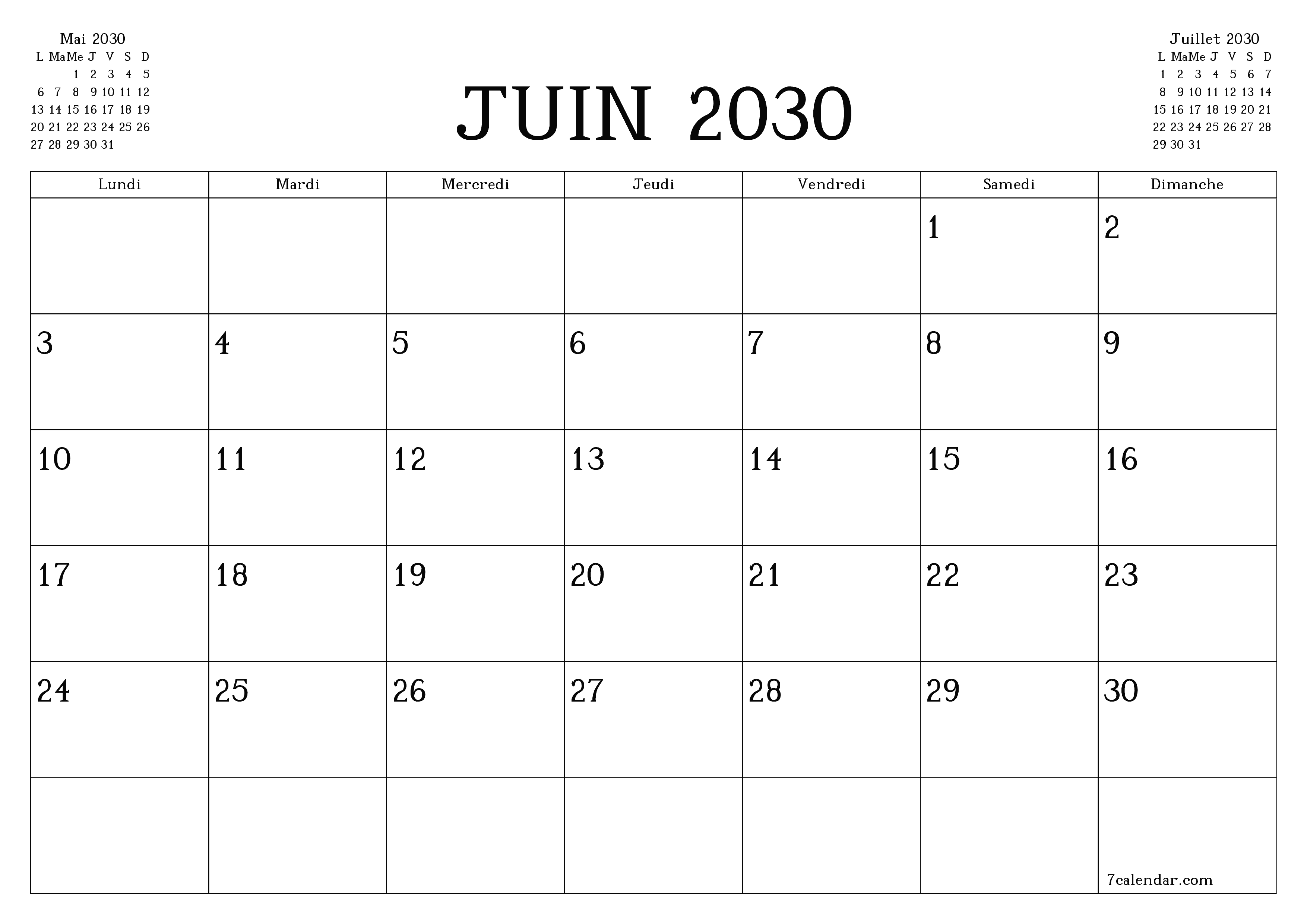 Agenda mensuel vide pour le mois Juin 2030 avec notes, enregistrez et imprimez au format PDF PNG French