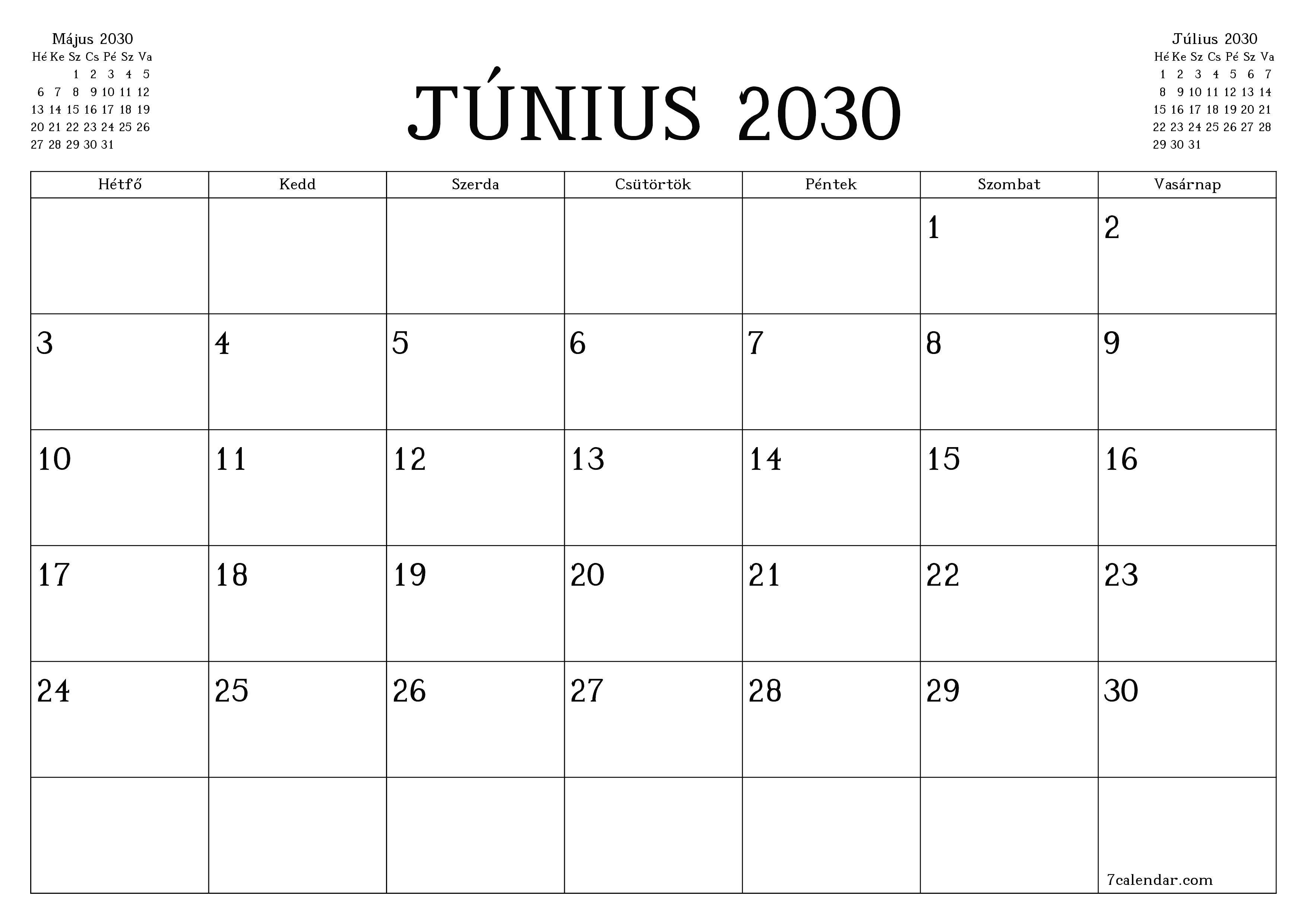 Üres havi tervező a Június 2030 hónapra jegyzetekkel, mentés és nyomtatás PDF-be PNG Hungarian