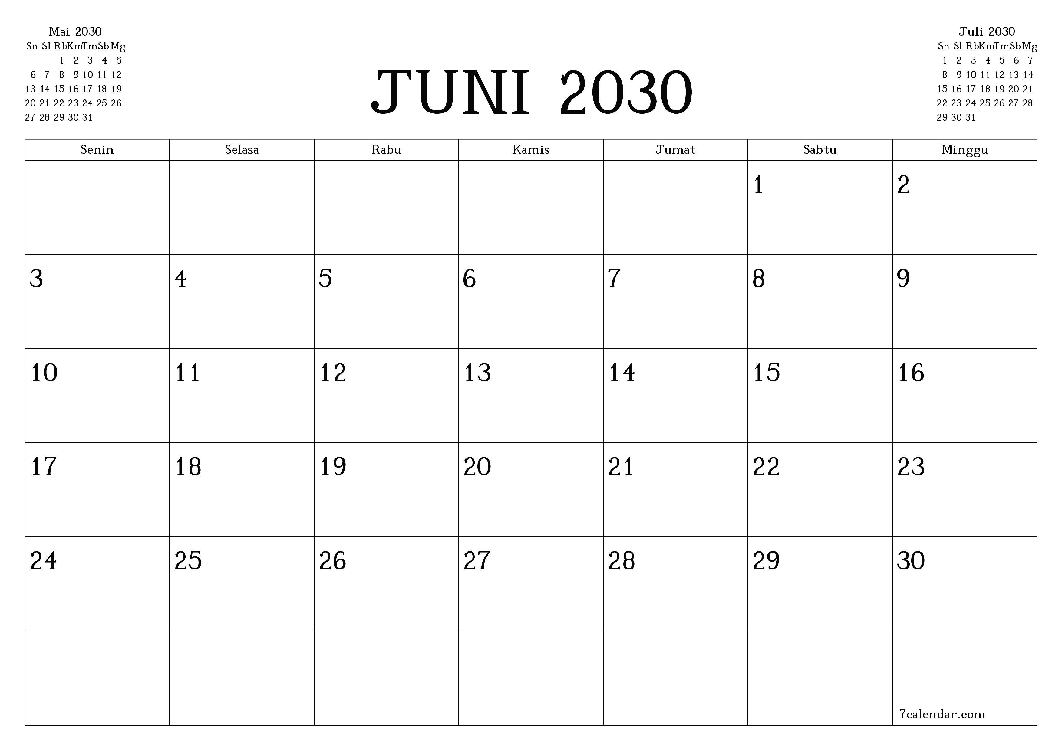 Kosongkan agenda bulanan untuk bulan Juni 2030 dengan catatan, simpan dan cetak ke PDF PNG Indonesian