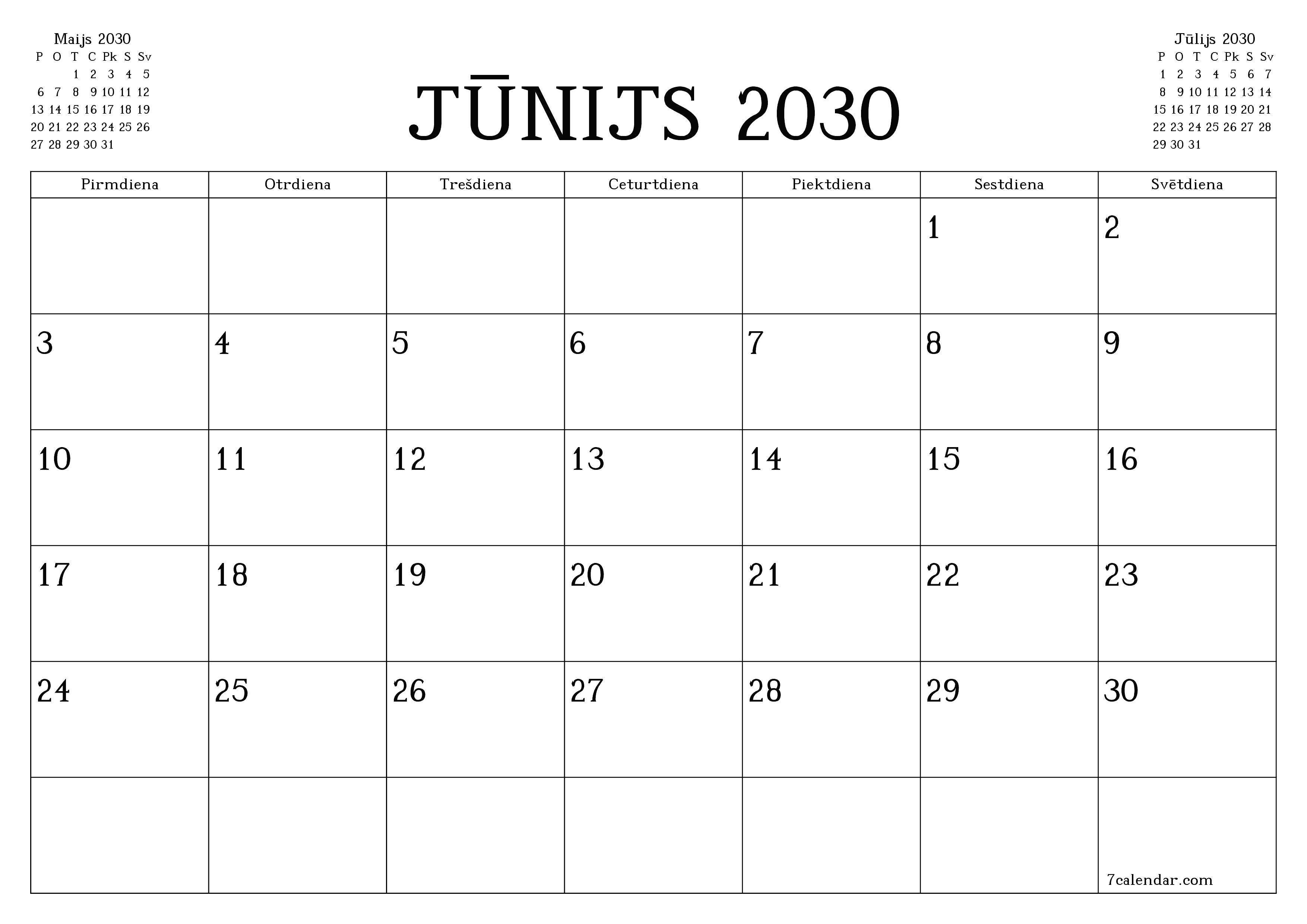Iztukšot mēneša plānotāju mēnesim Jūnijs 2030 ar piezīmēm, saglabāt un izdrukāt PDF formātā PNG Latvian