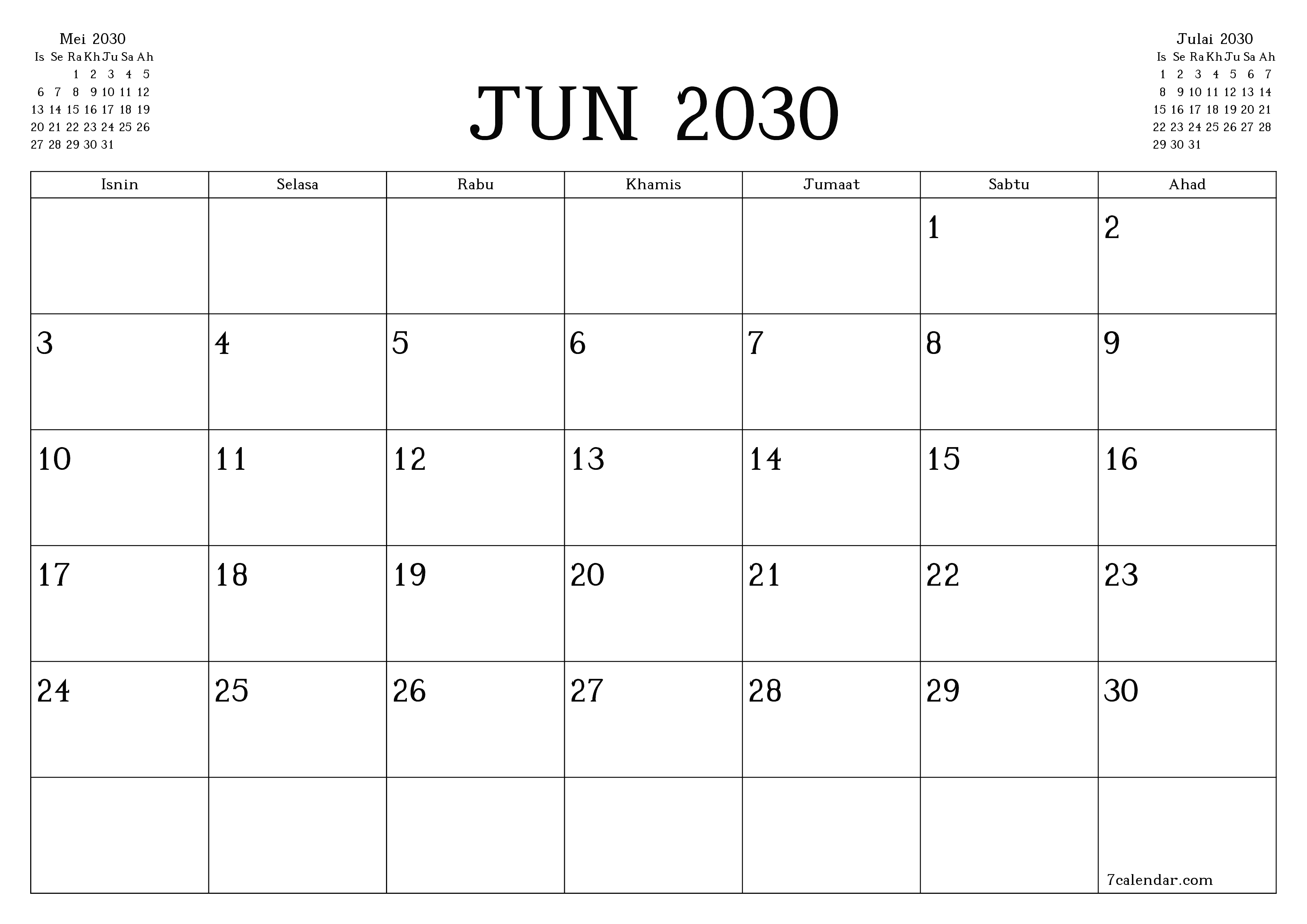 Perancang bulanan kosong untuk bulan Jun 2030 dengan nota, simpan dan cetak ke PDF PNG Malay