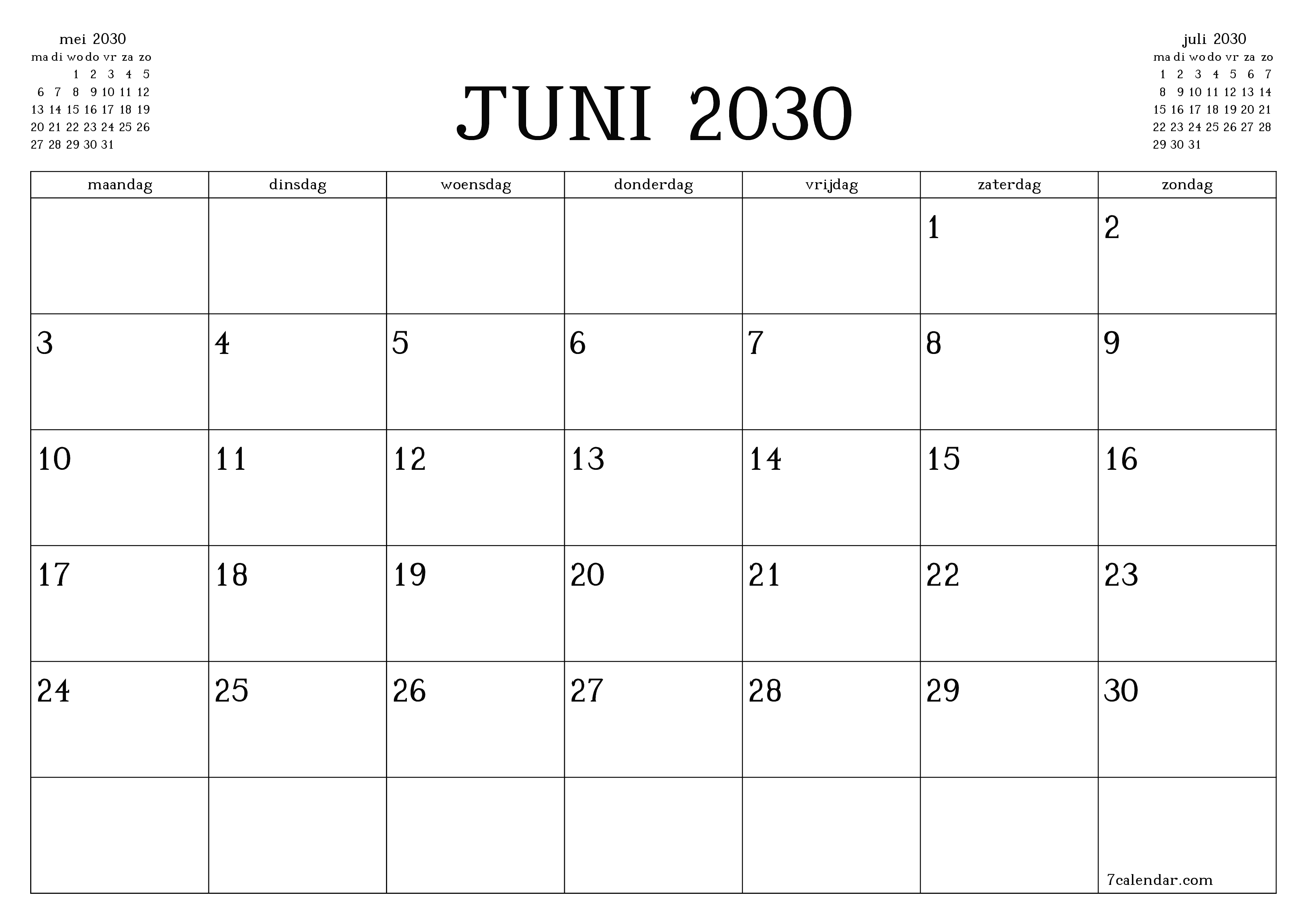 Lege maandplanner voor maand juni 2030 met notities, opslaan en afdrukken naar pdf PNG Dutch