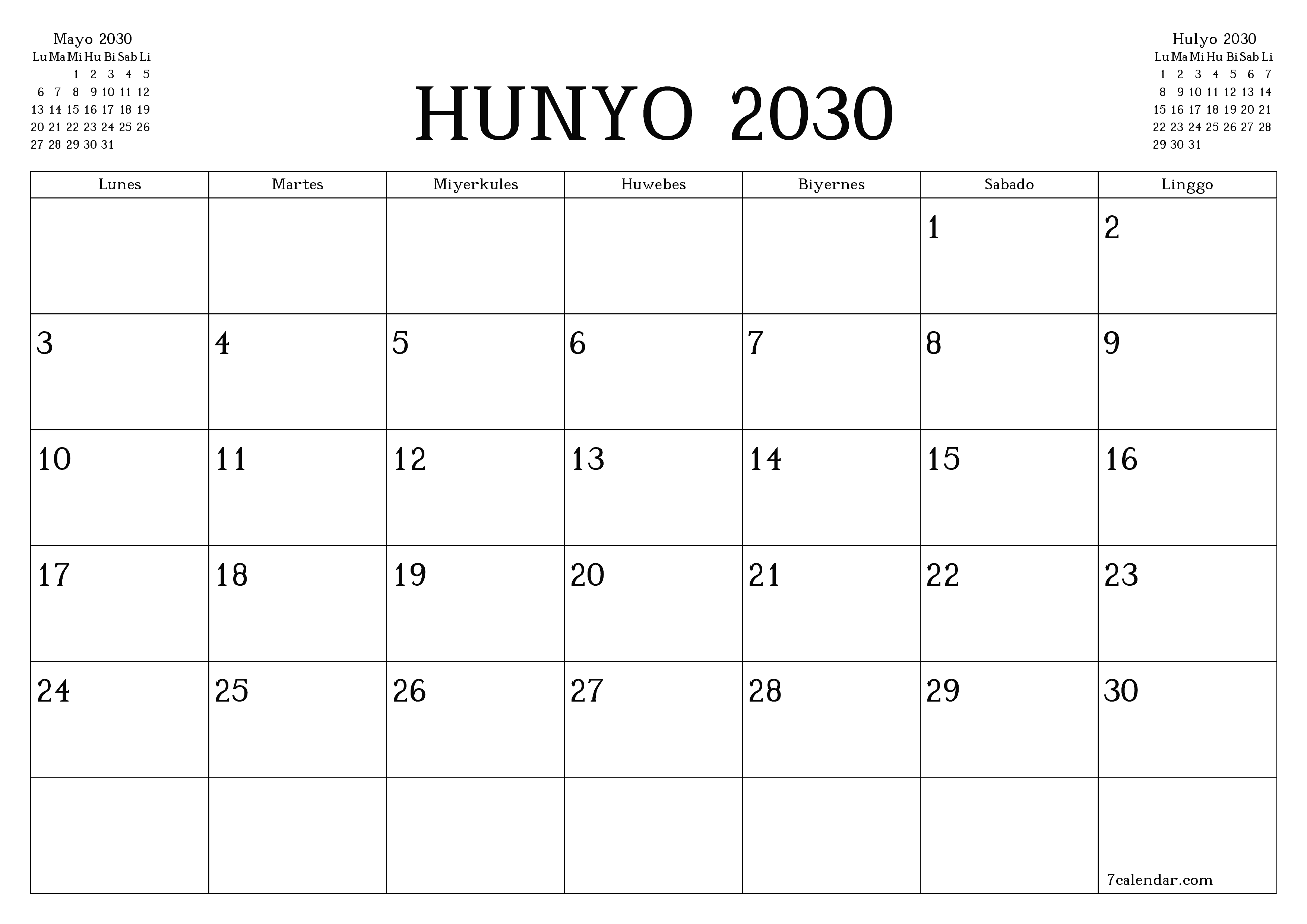 Walang laman na buwanang tagaplano para sa buwan na Hunyo 2030 na may mga tala, i-save at i-print sa PDF PNG Filipino