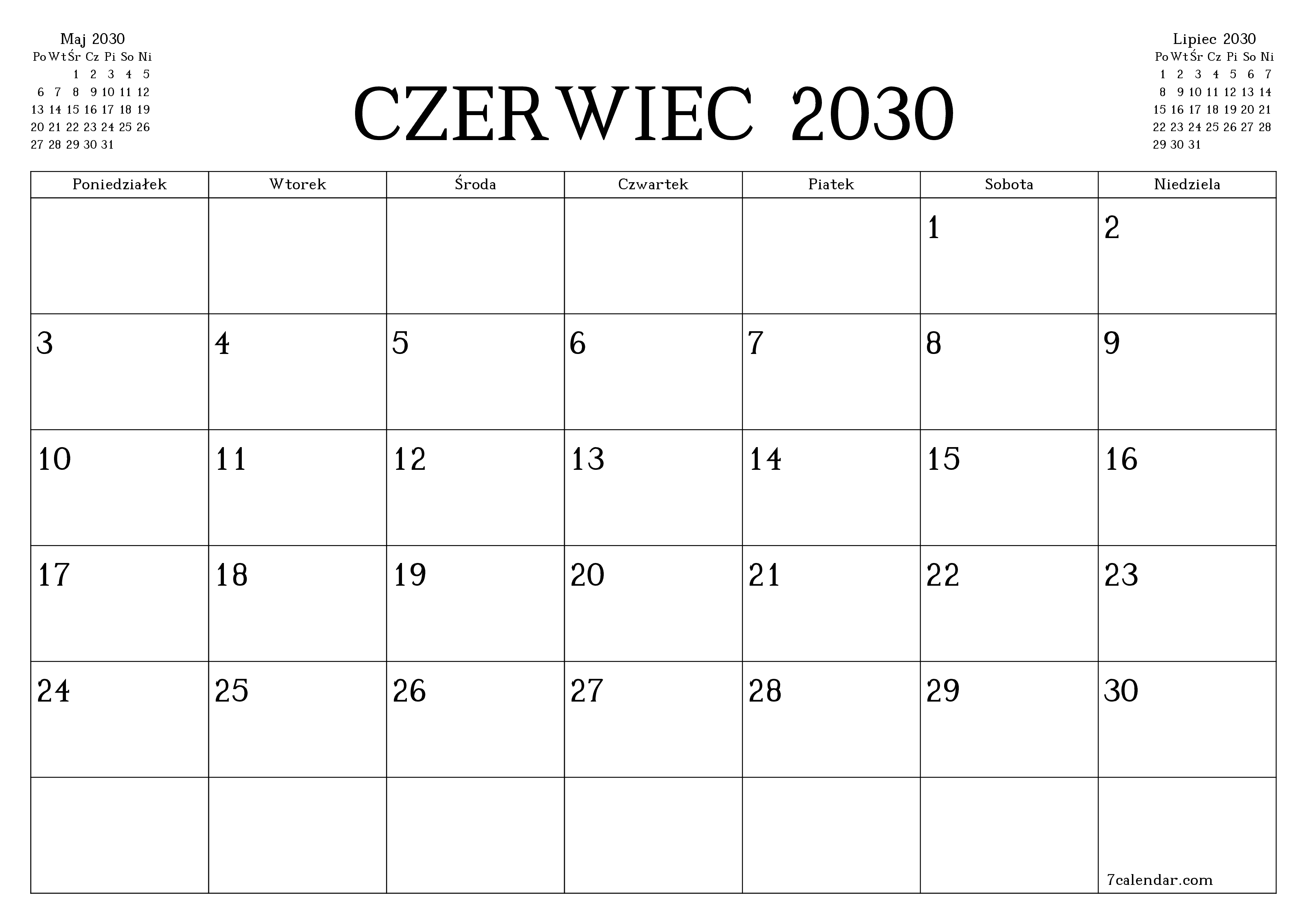  do druku ścienny szablon a darmowy poziomy Miesięczny planista kalendarz Czerwiec (Cze) 2030