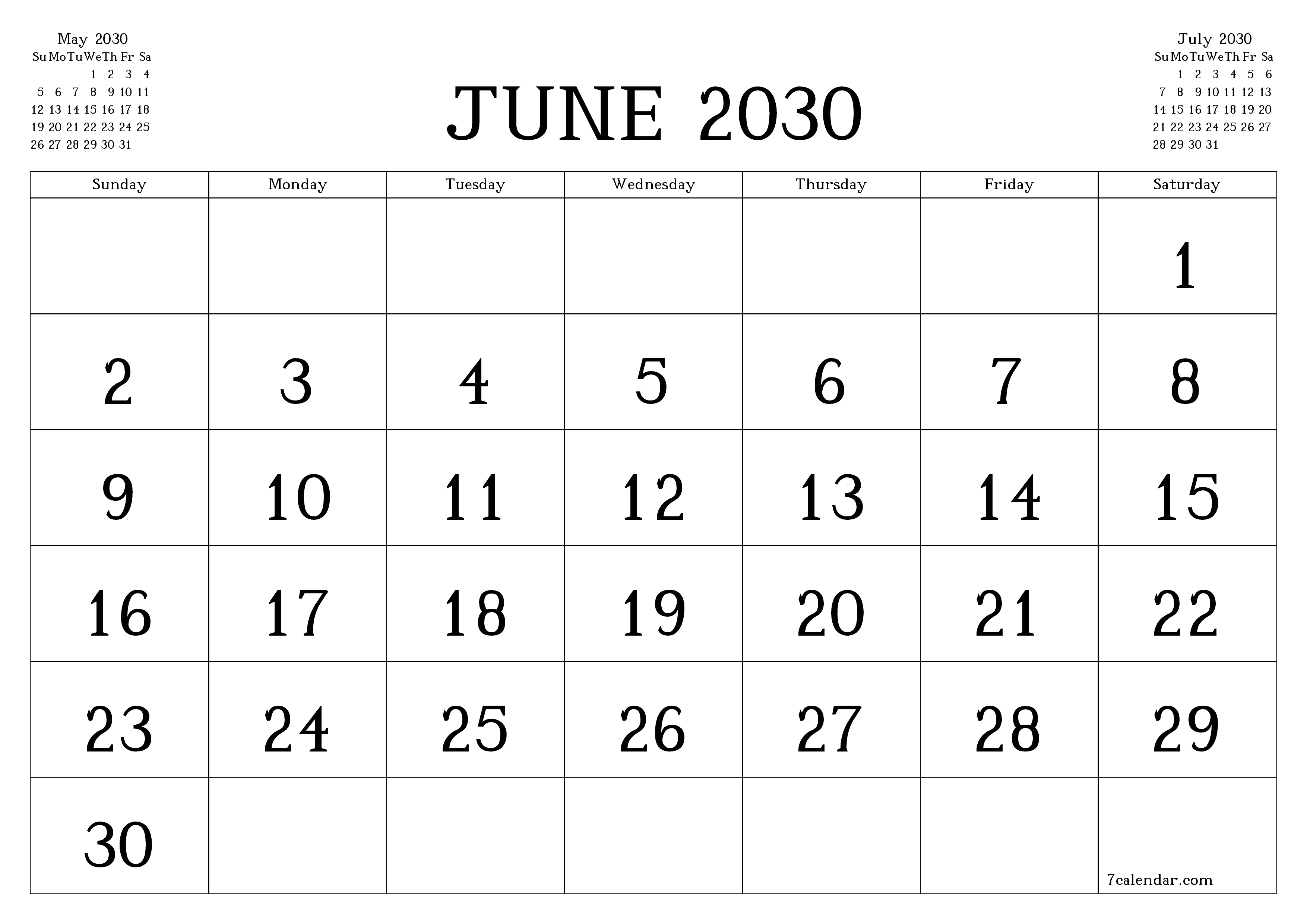 Blank calendar June 2030