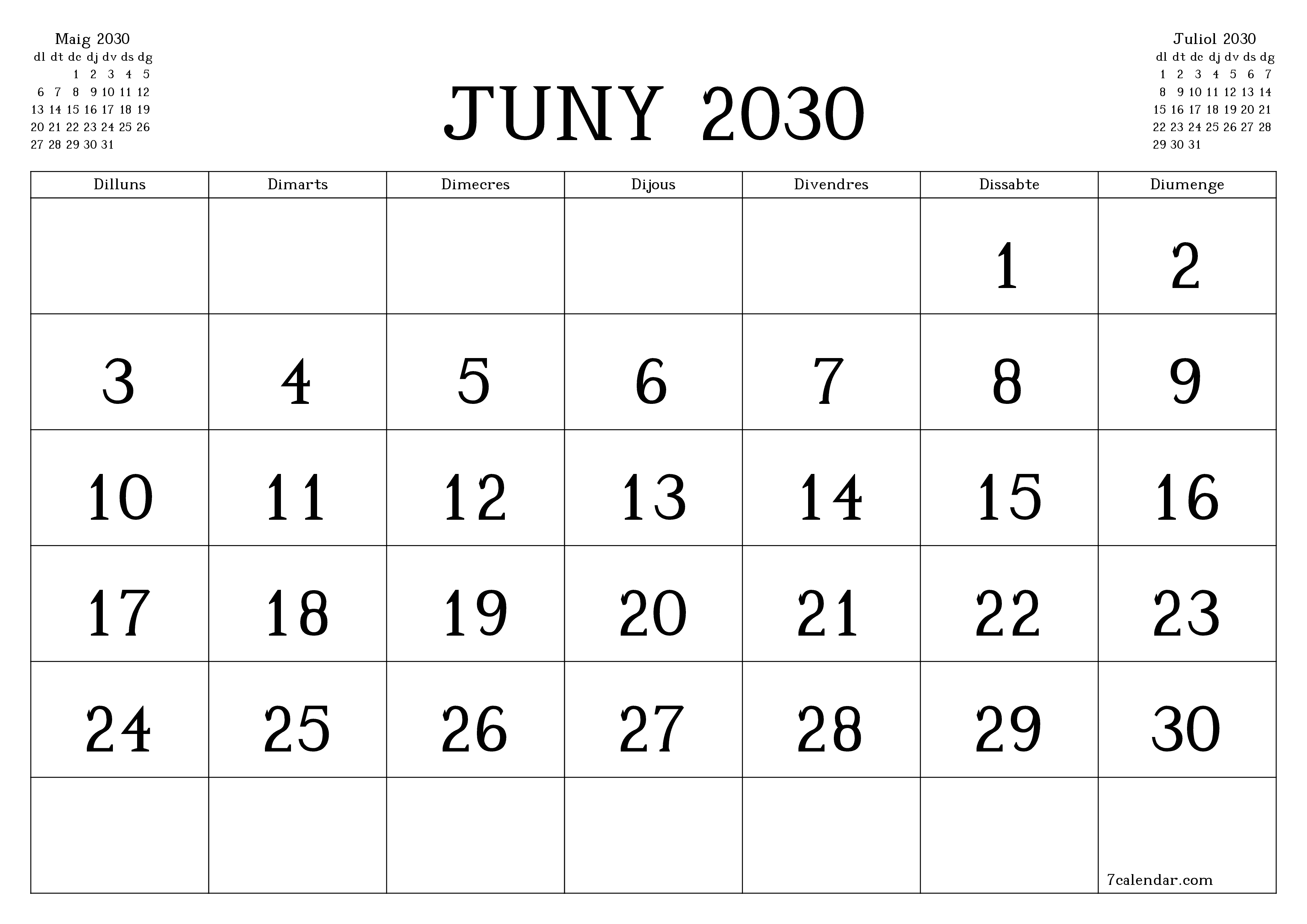 Planificador mensual buit del mes Juny 2030 amb notes, deseu-lo i imprimiu-lo en format PDF PNG Catalan