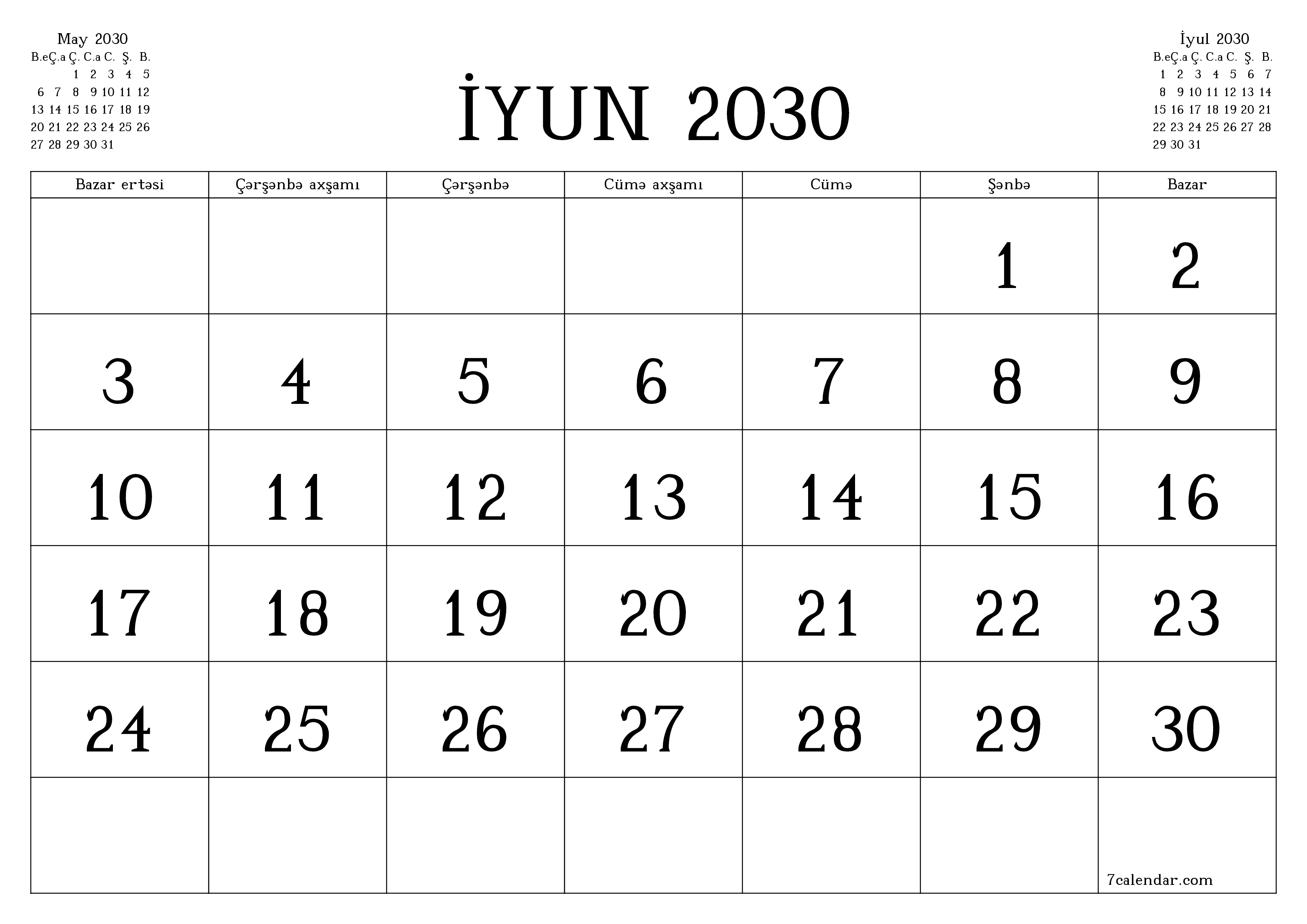 İyun 2030 ayı üçün qeydlər ilə boş aylıq planlayıcı, qeyd edin və PDF-ə yazdırın PNG Azerbaijani