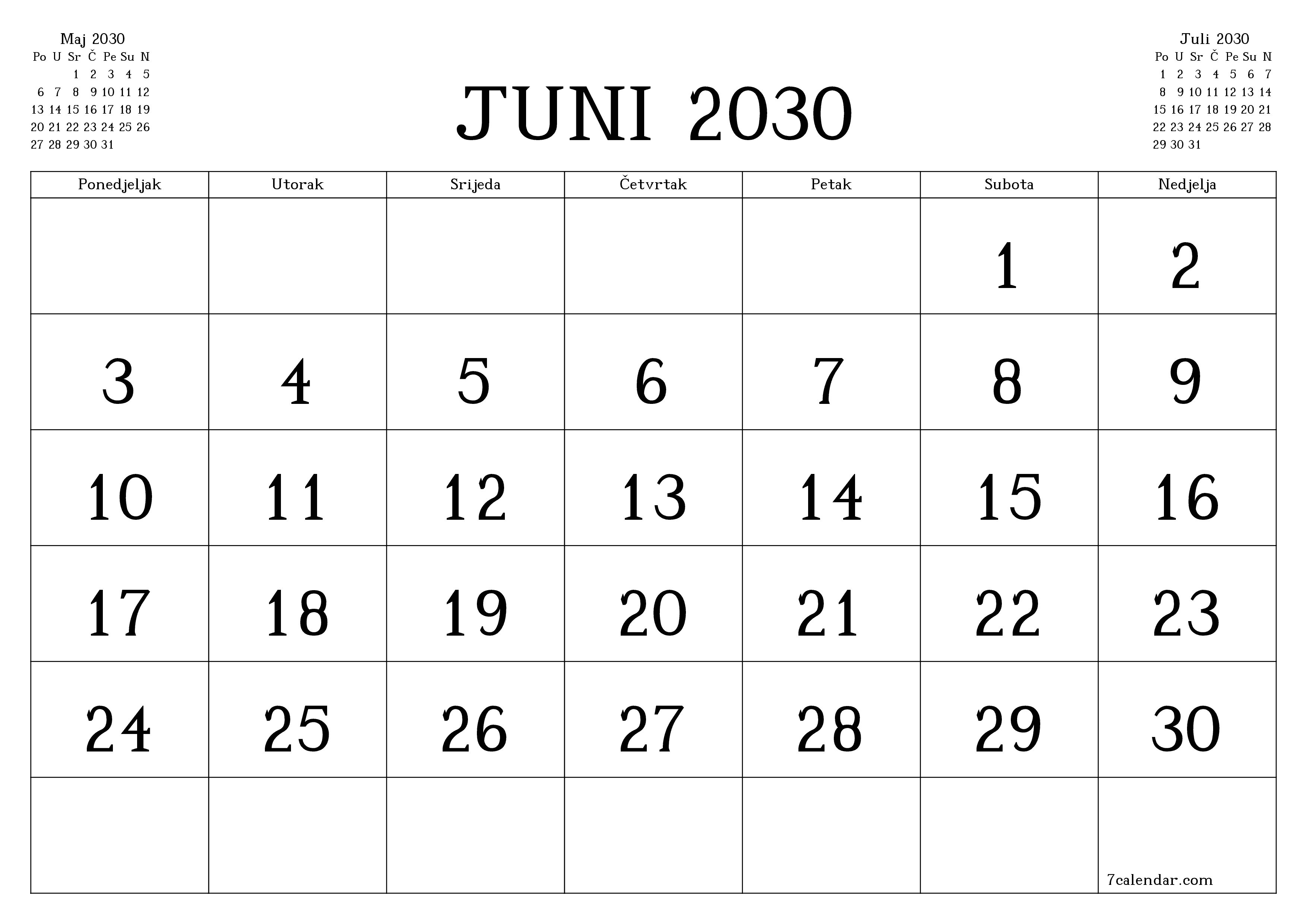Ispraznite mjesečni planer za mjesec Juni 2030 s bilješkama, spremite i ispišite u PDF PNG Bosnian
