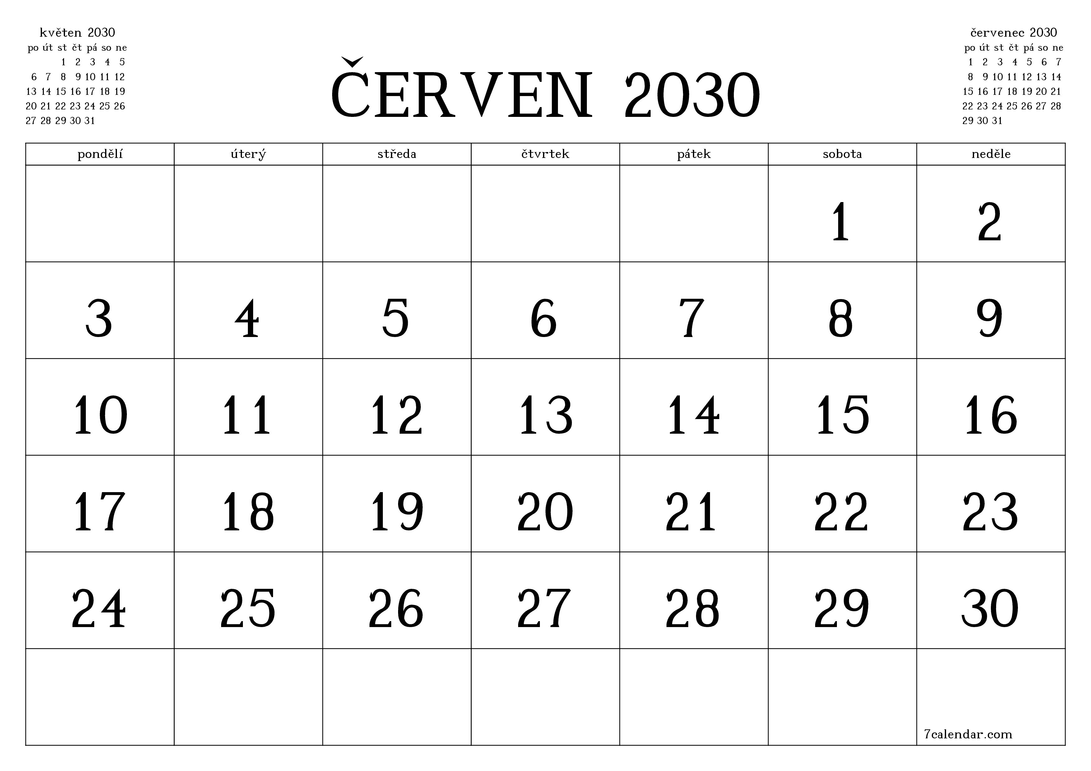 Vyprázdnit měsíční plánovač na měsíc červen 2030 s poznámkami, uložit a vytisknout do PDF PNG Czech