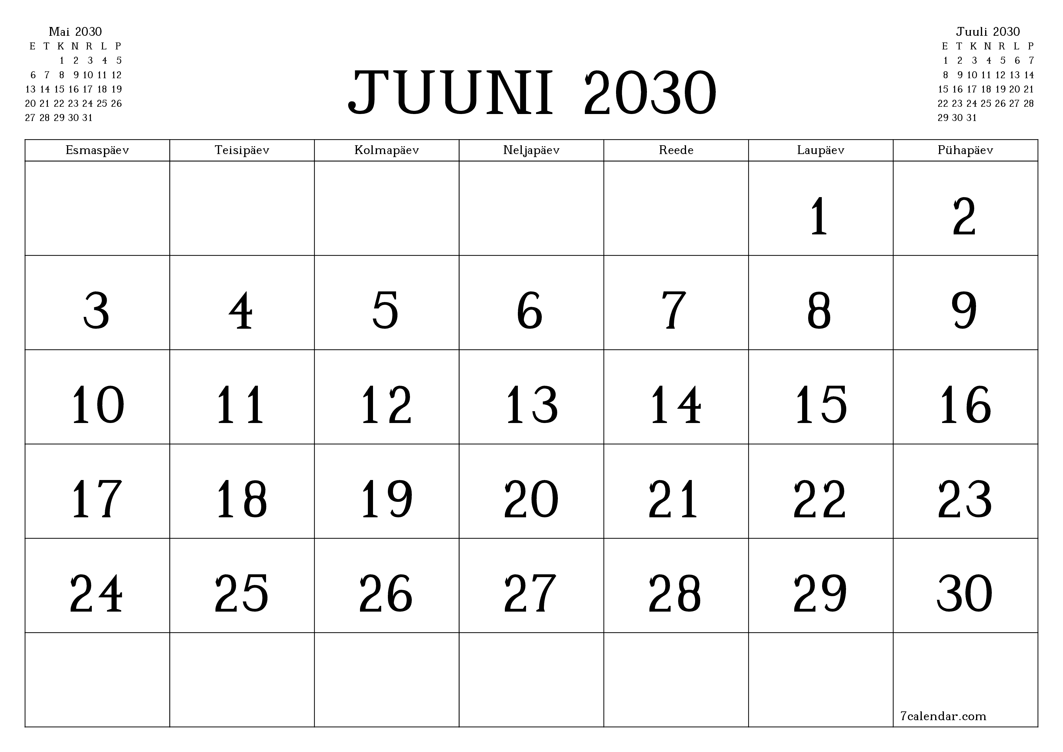 Tühjendage kuu Juuni 2030 kuuplaneerija märkmetega, salvestage ja printige PDF-i PNG Estonian