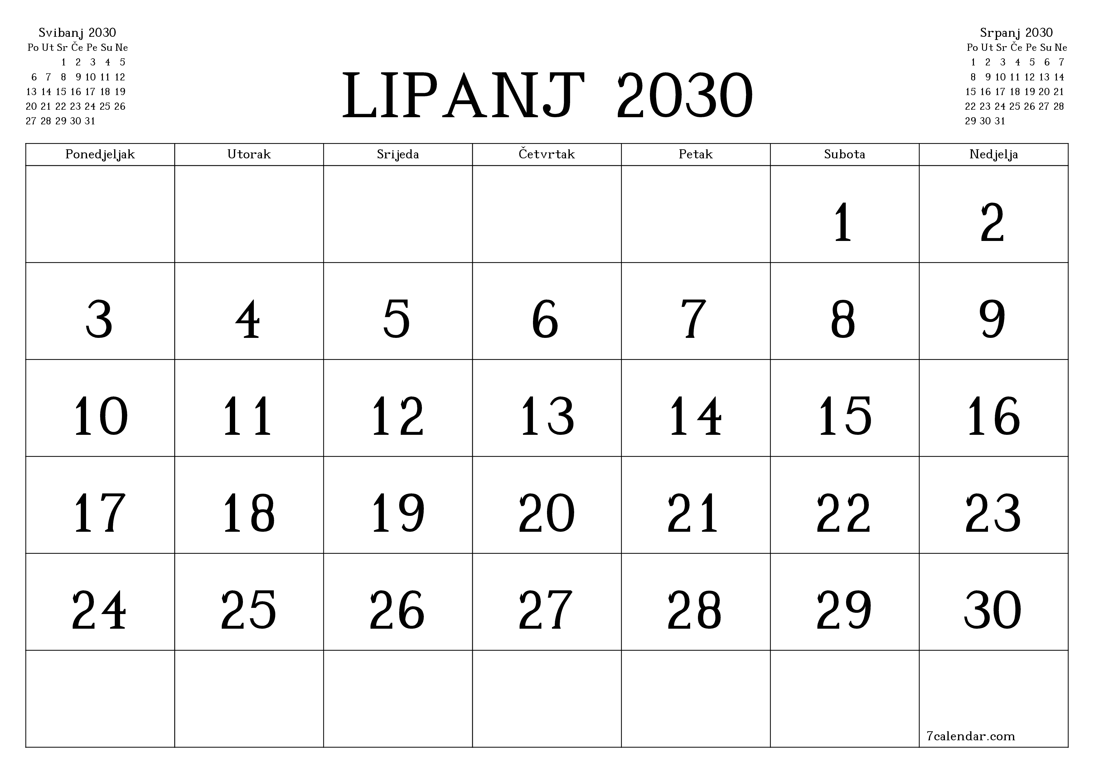 Ispraznite mjesečni planer za mjesec Lipanj 2030 s bilješkama, spremite i ispišite u PDF PNG Croatian