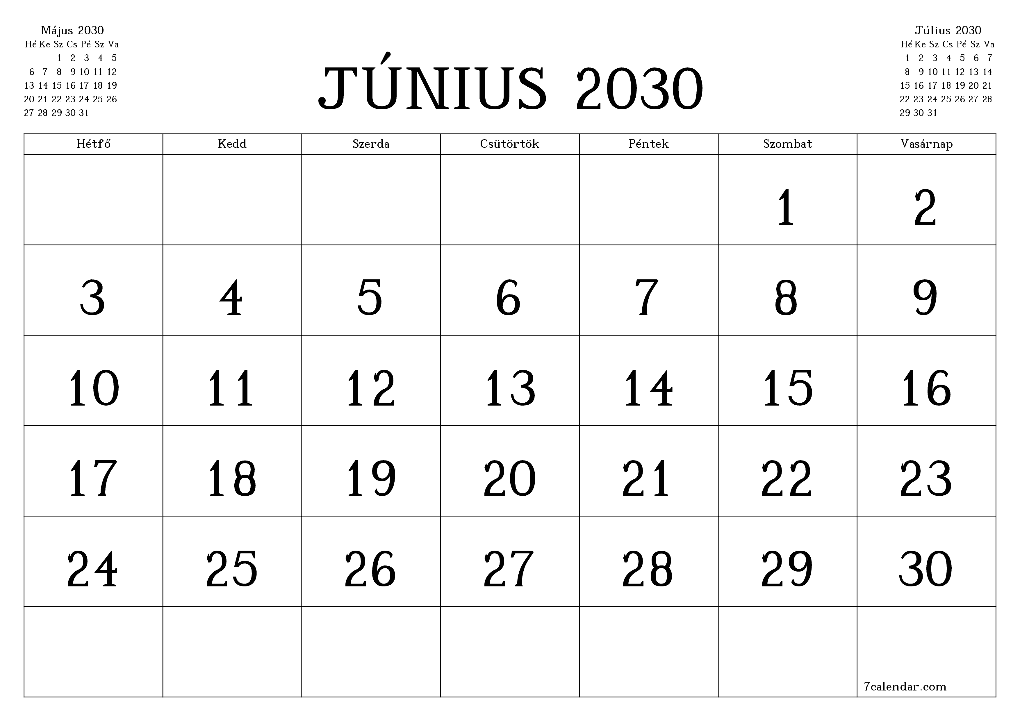 Üres havi tervező a Június 2030 hónapra jegyzetekkel, mentés és nyomtatás PDF-be PNG Hungarian