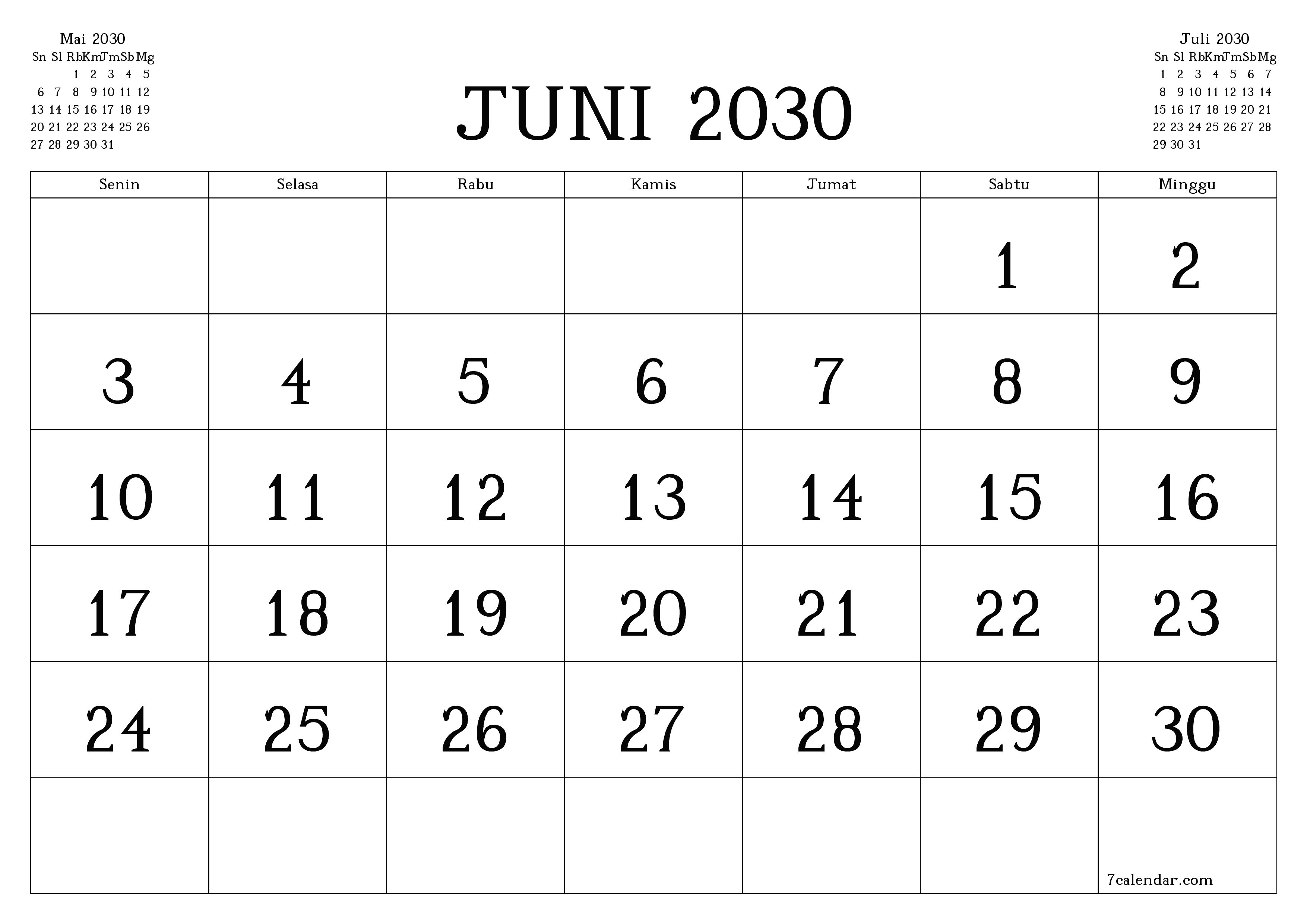 Kosongkan agenda bulanan untuk bulan Juni 2030 dengan catatan, simpan dan cetak ke PDF PNG Indonesian