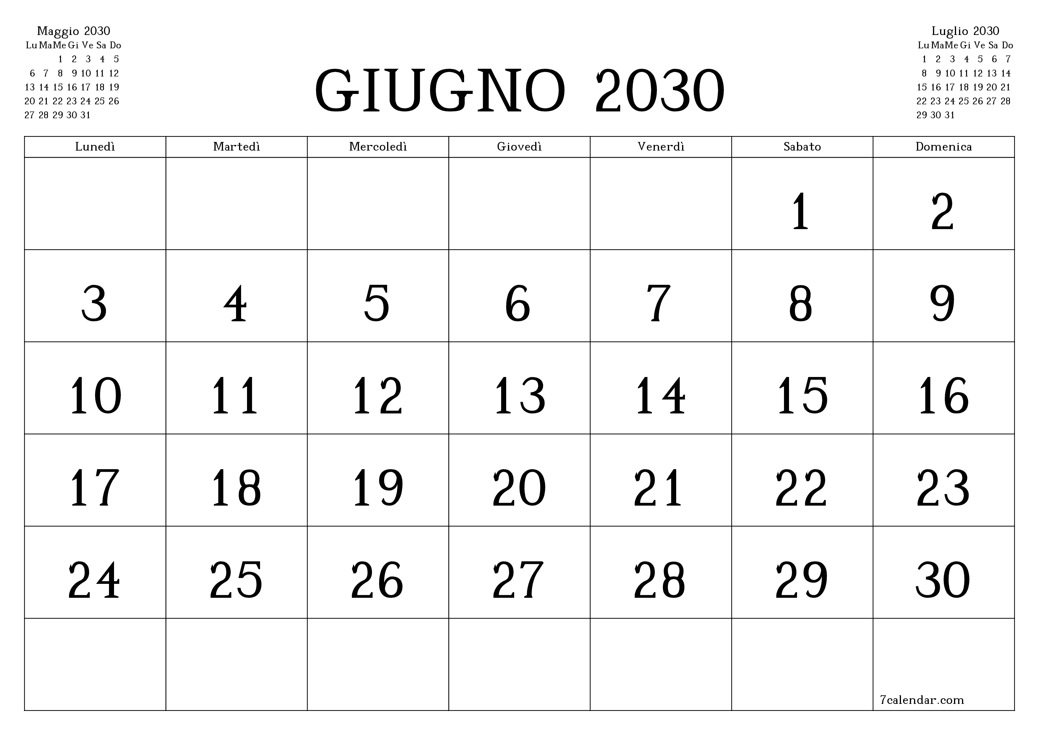 Pianificatore mensile vuoto per il mese Giugno 2030 con note, salva e stampa in PDF PNG Italian