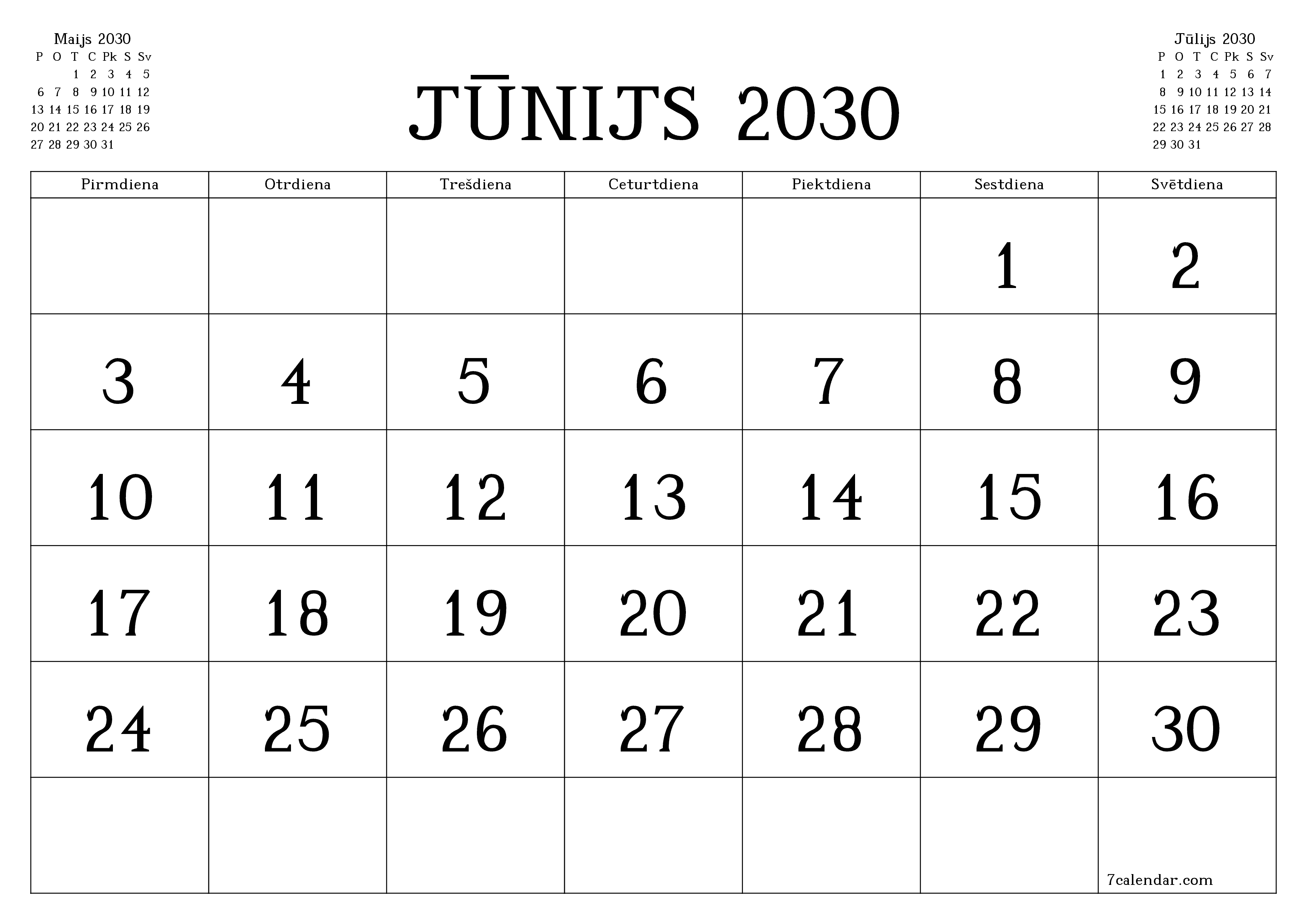 Iztukšot mēneša plānotāju mēnesim Jūnijs 2030 ar piezīmēm, saglabāt un izdrukāt PDF formātā PNG Latvian