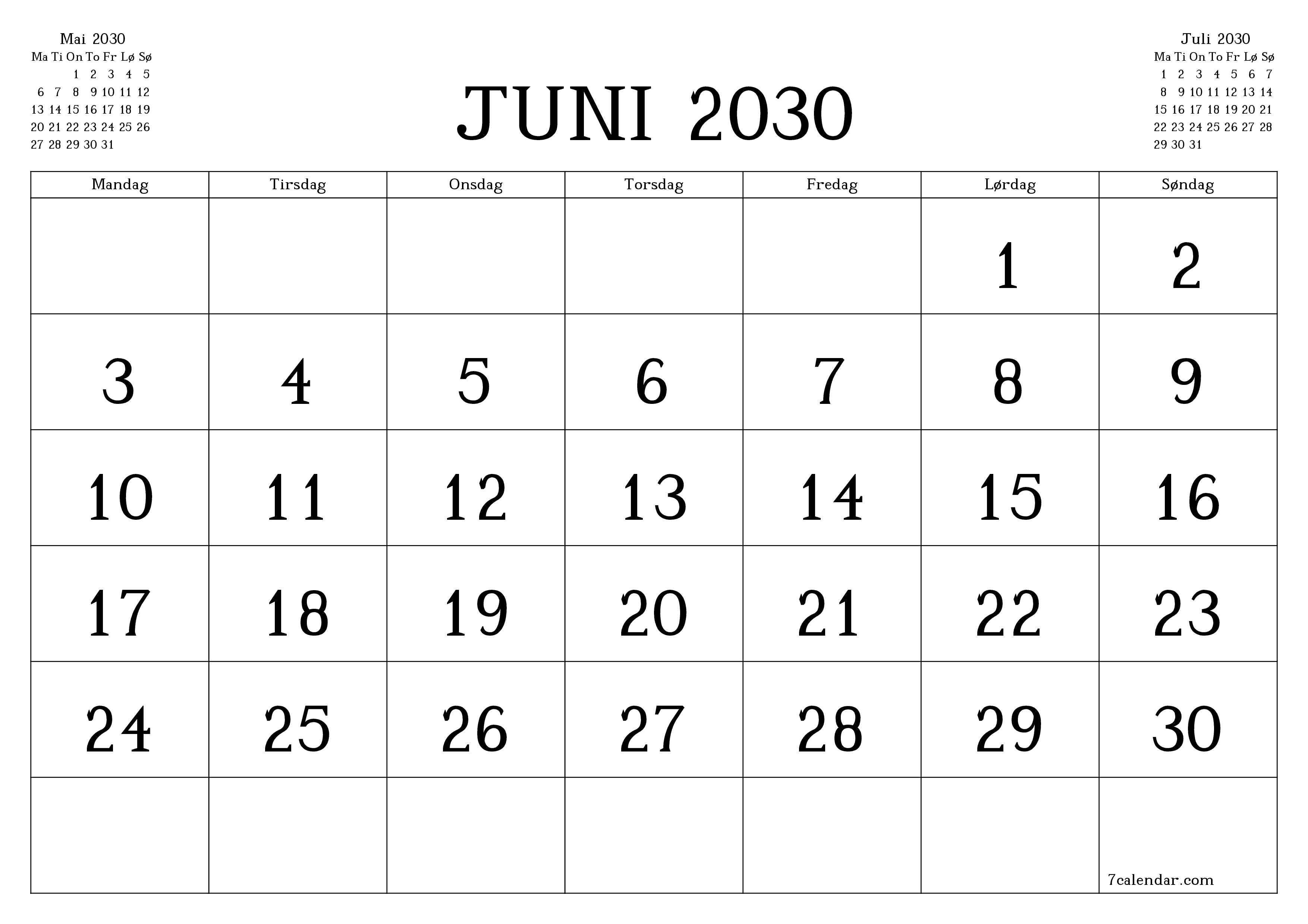 Tom månedlig planlegger for måned Juni 2030 med notater, lagre og skriv ut til PDF PNG Norwegian