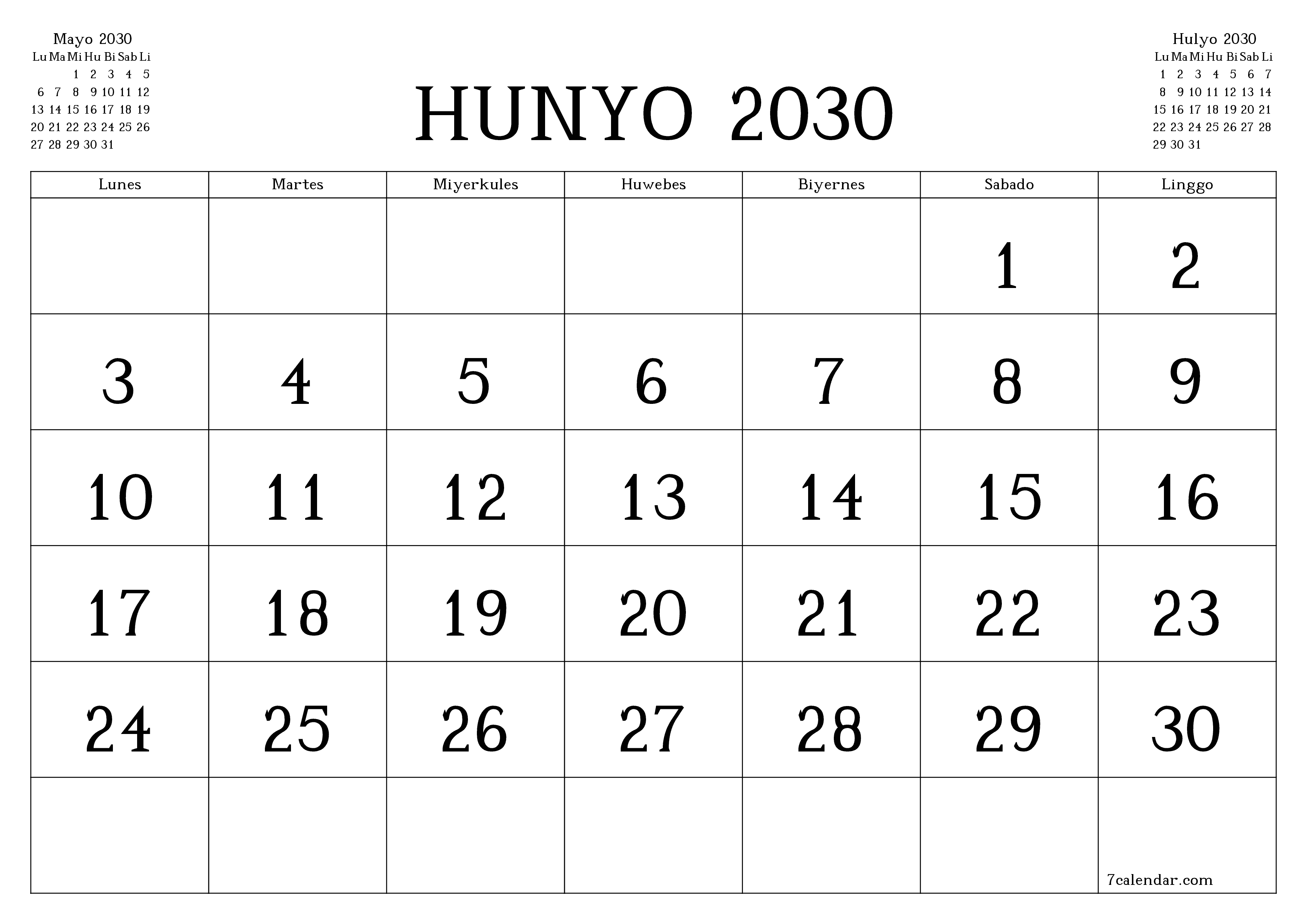 Walang laman na buwanang tagaplano para sa buwan na Hunyo 2030 na may mga tala, i-save at i-print sa PDF PNG Filipino