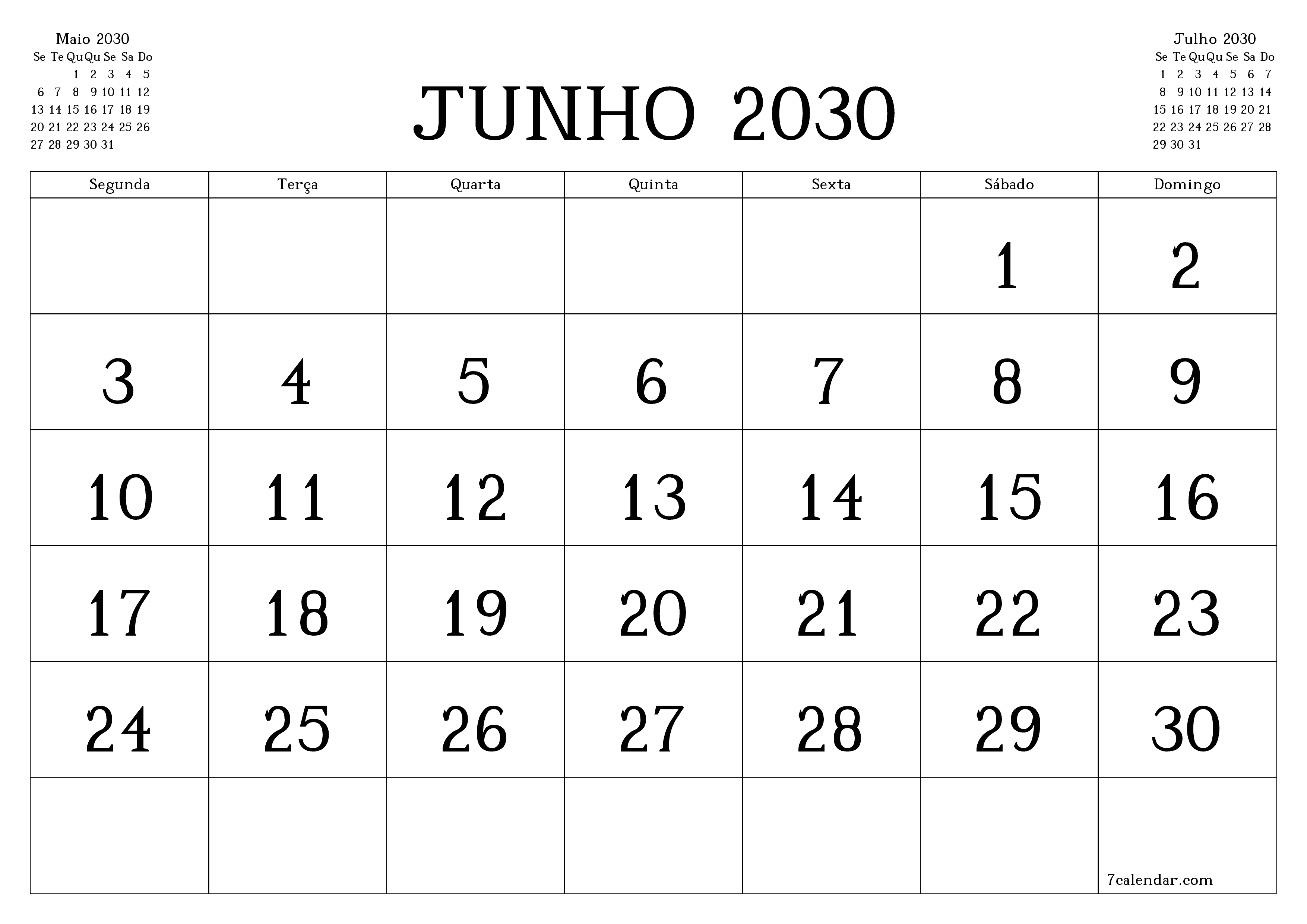 Esvazie o planejador mensal para o mês Junho 2030 com notas, salve e imprima em PDF PNG Portuguese
