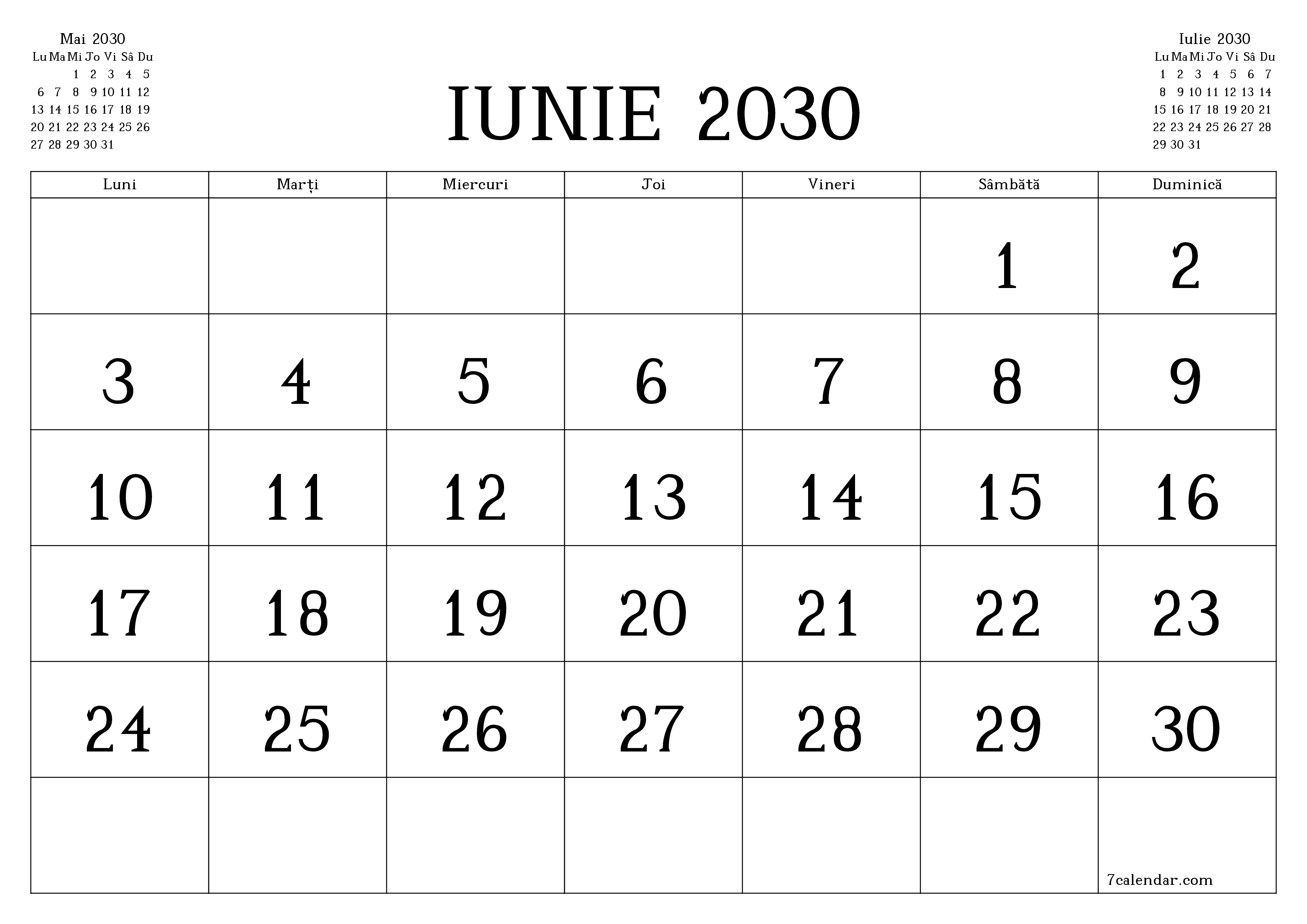 Planificator lunar gol pentru luna Iunie 2030 cu note, salvați și tipăriți în PDF PNG Romanian