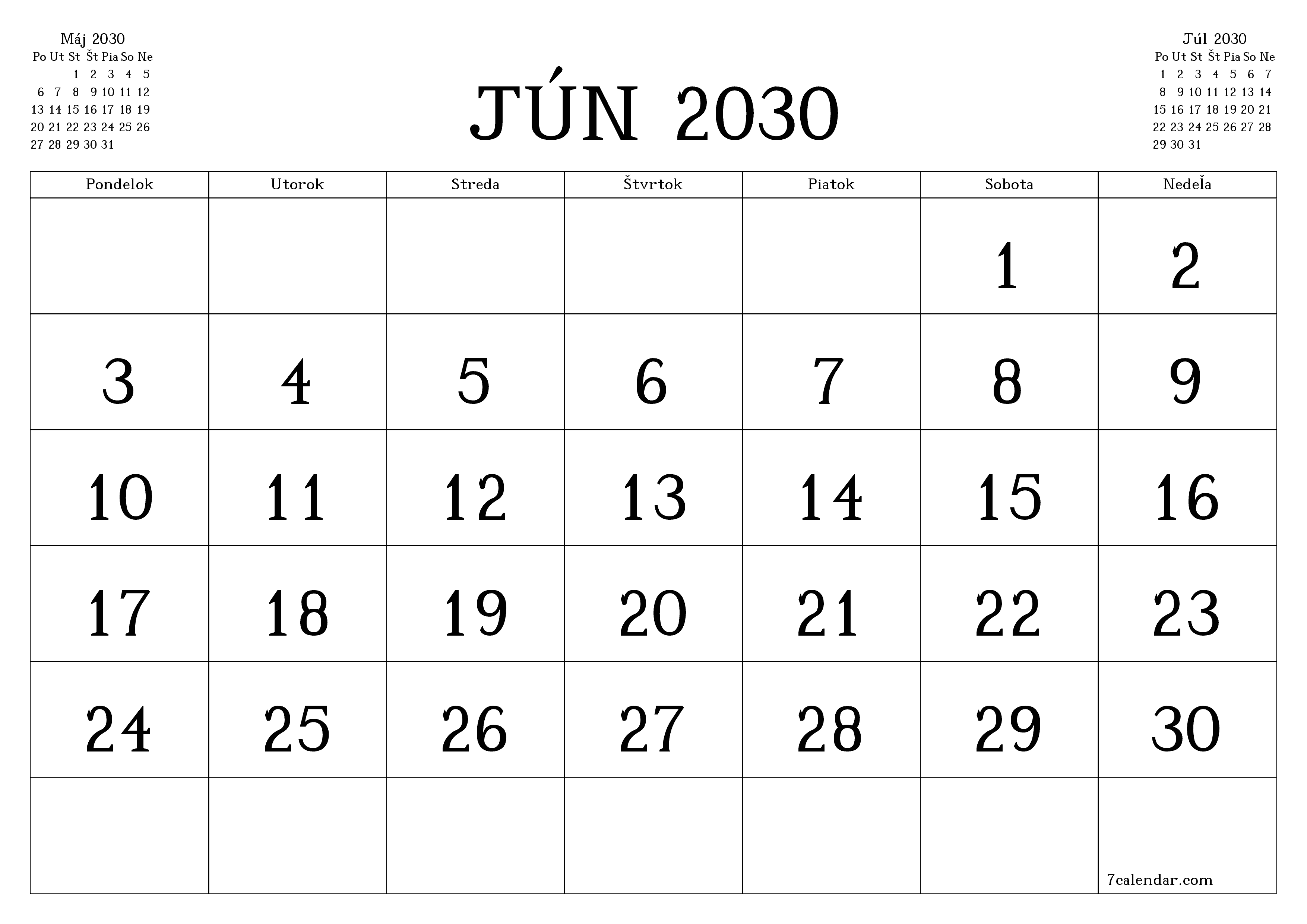 Prázdny mesačný plánovač na mesiac Jún 2030 s poznámkami, uloženie a tlač do PDF PNG Slovak
