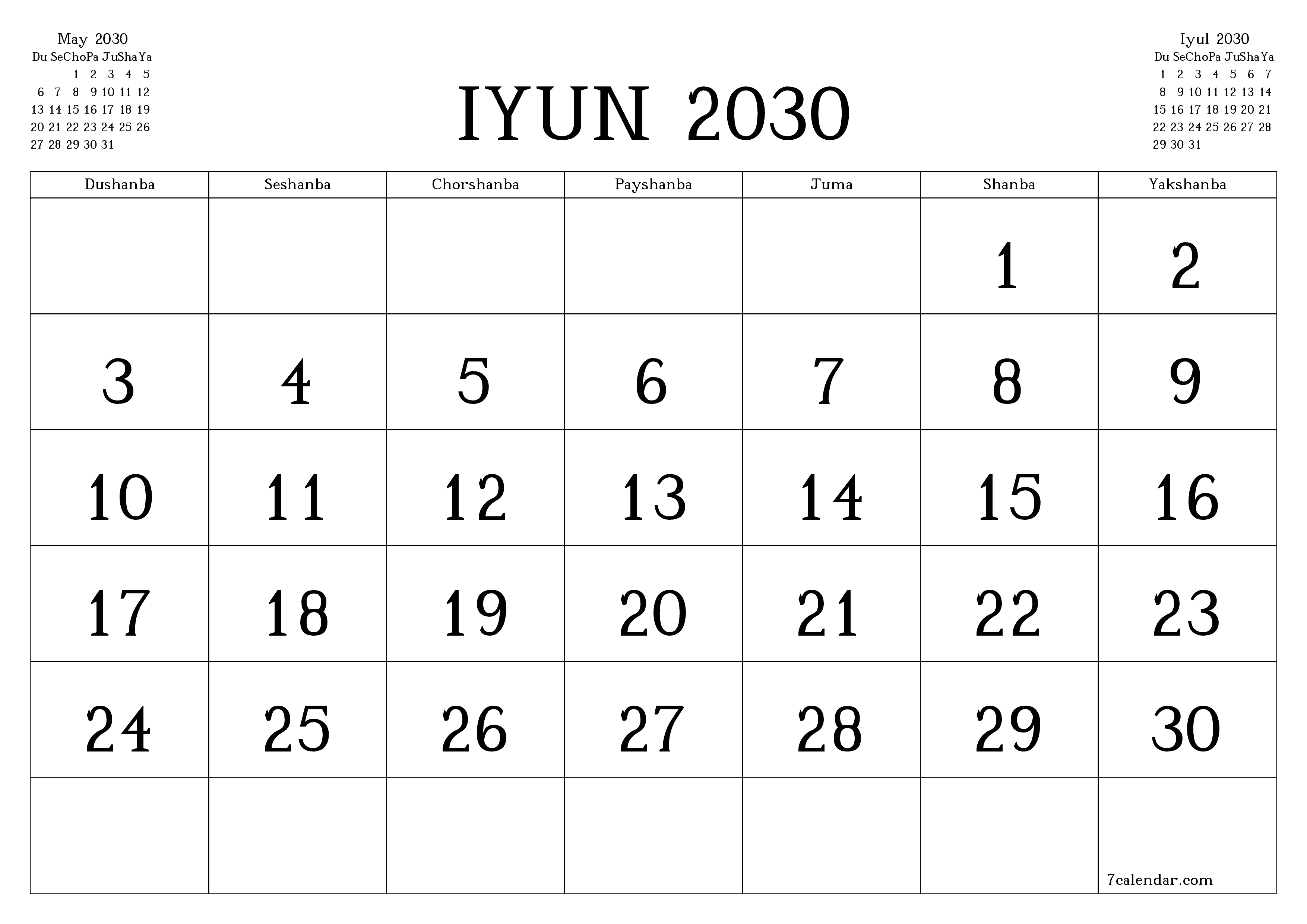 Iyun 2030 oylik oylik rejalashtiruvchini yozuvlar bilan bo'shatish, saqlash va PDF-ga chop etish PNG Uzbek