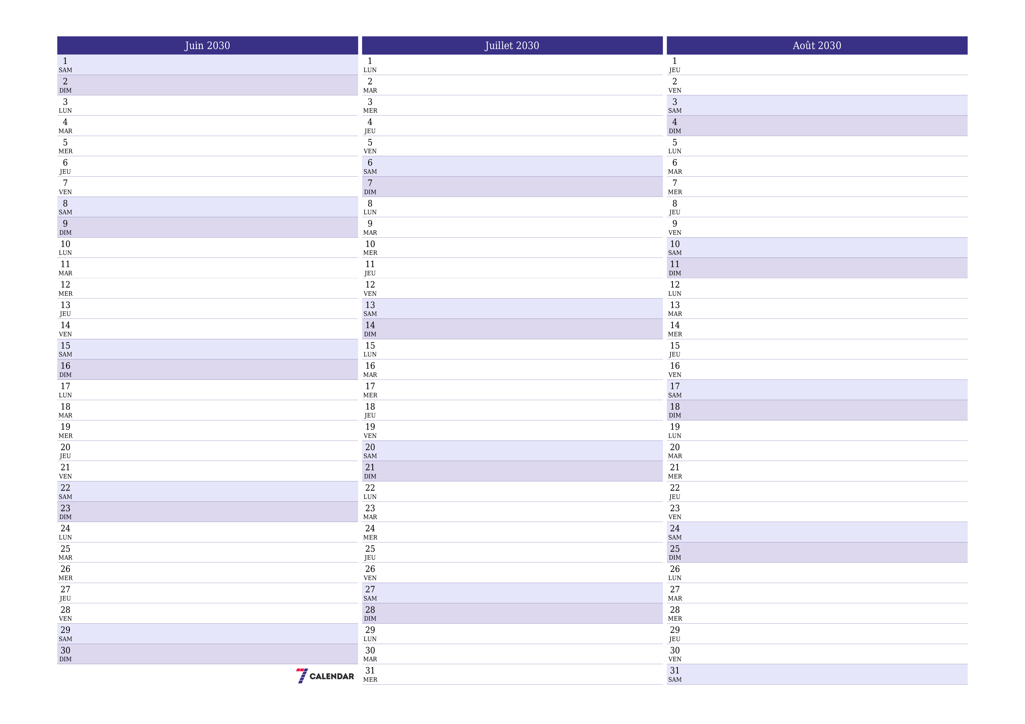 Agenda mensuel vide pour le mois Juin 2030 avec notes, enregistrez et imprimez au format PDF PNG French