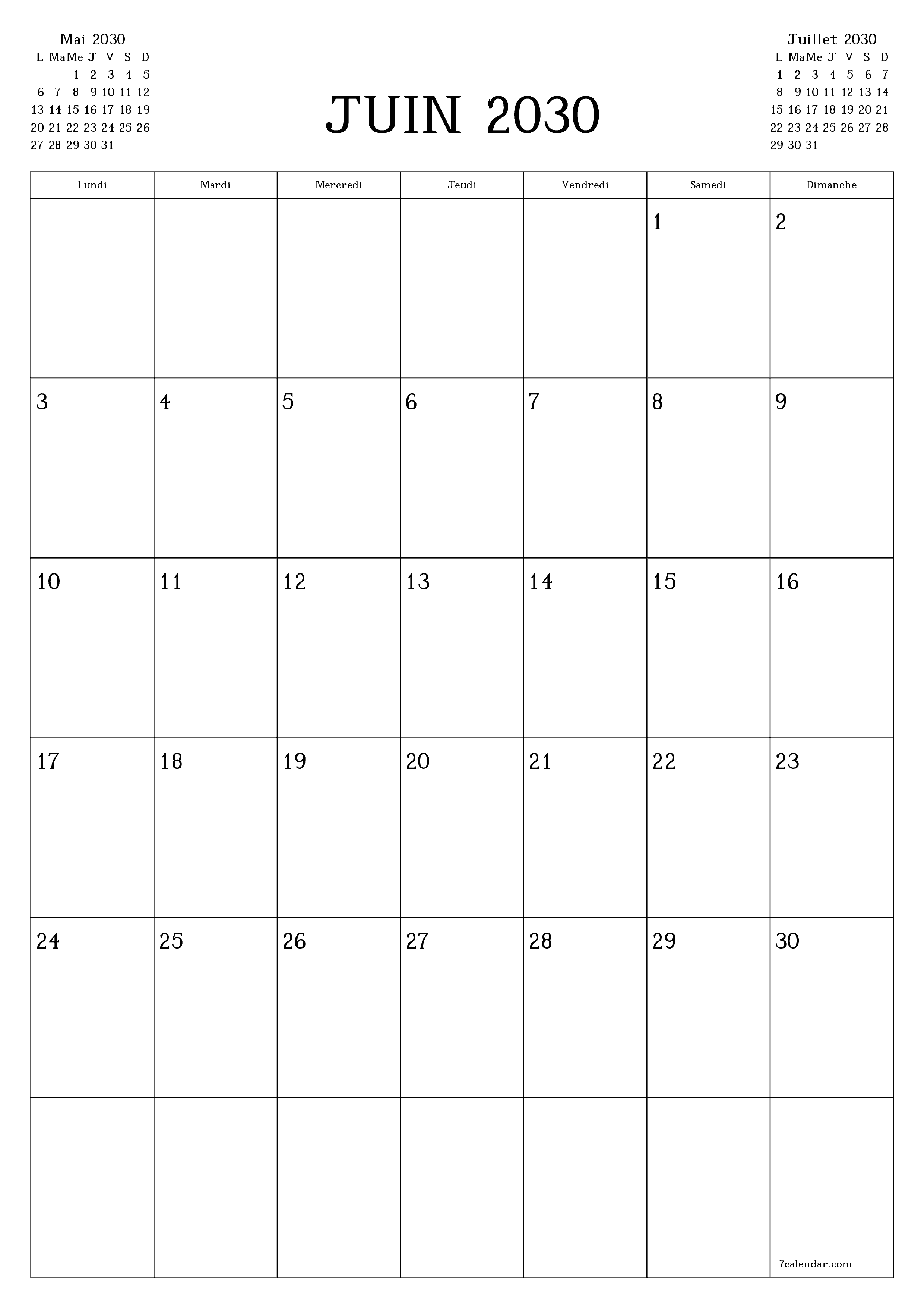  imprimable mural modèle de gratuitverticale Mensuel planificateur calendrier Juin (Jui) 2030