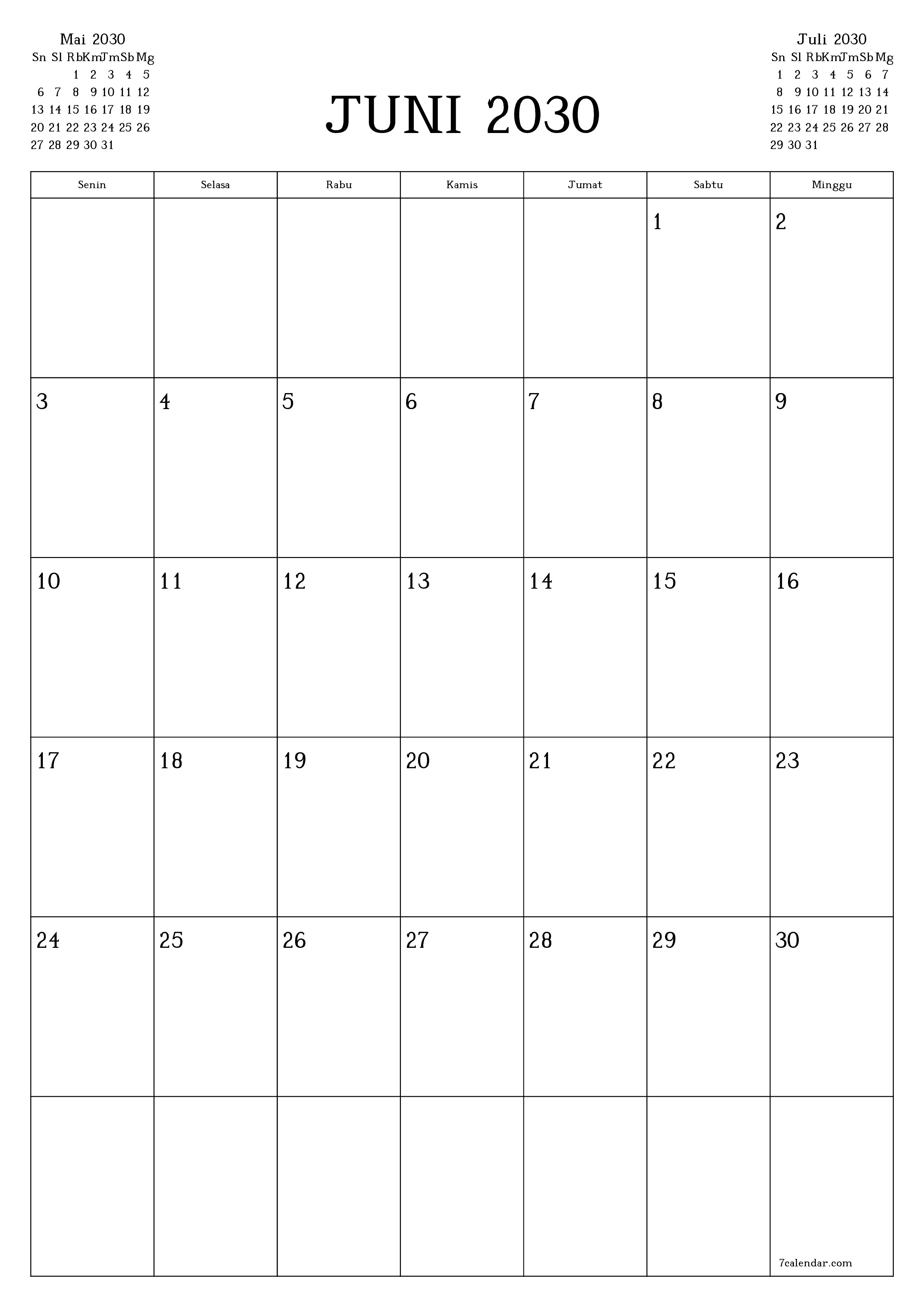  yang dapat dicetak dinding templat gratisvertikal Bulanan perencana kalender Juni (Jun) 2030