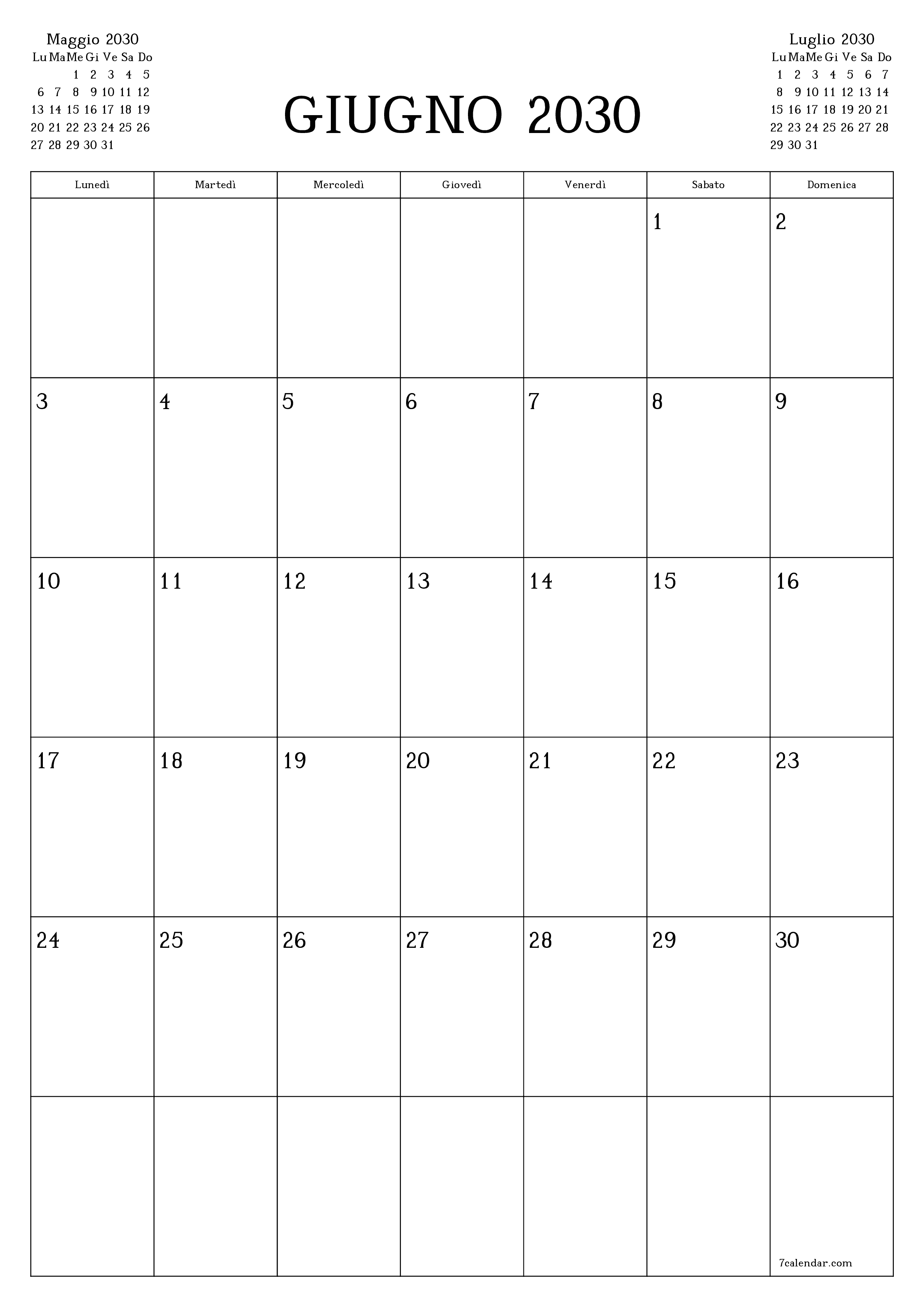  stampabile da parete modello di gratuitoverticale Mensile pianificatore calendario Giugno (Giu) 2030